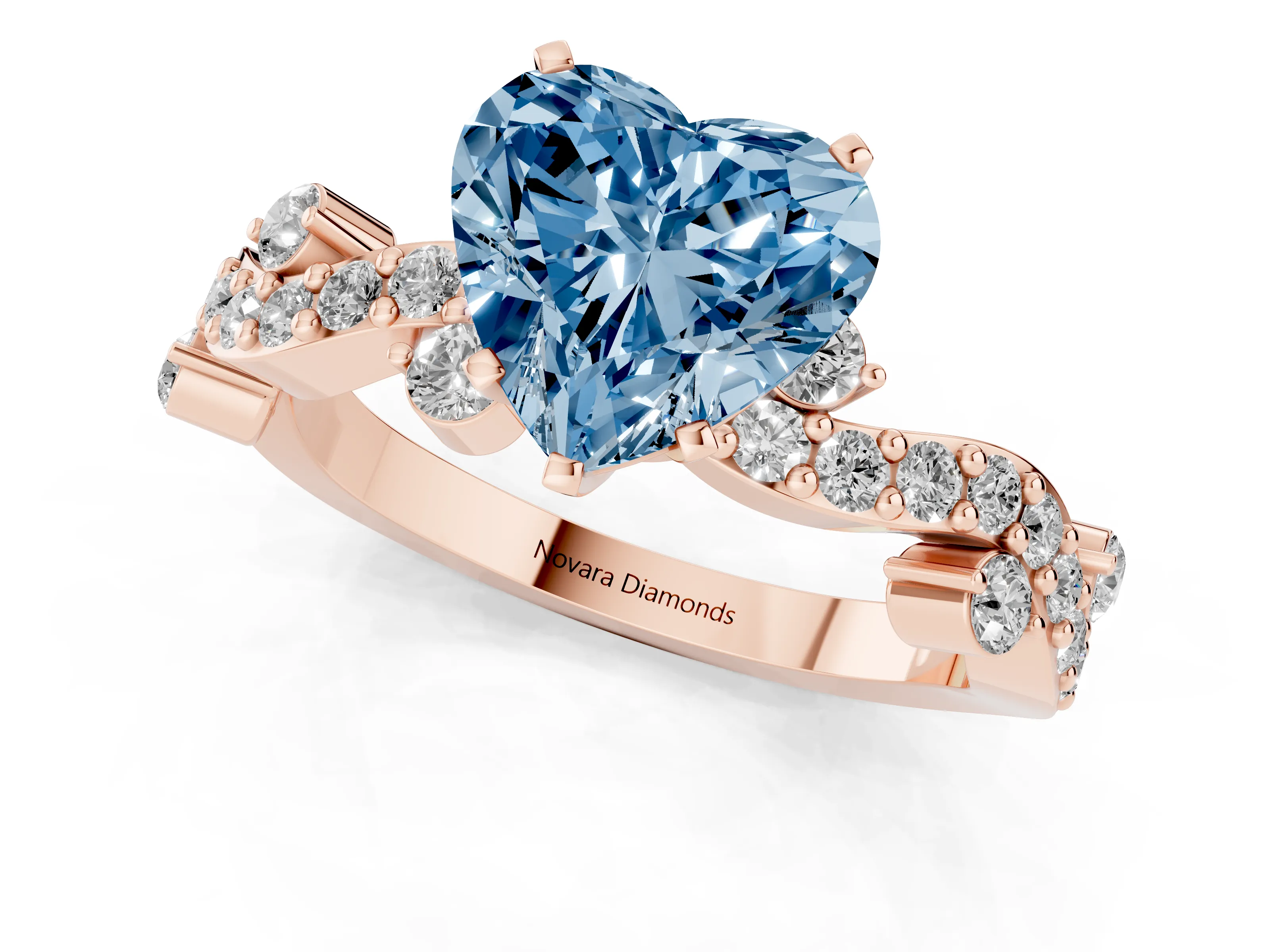 Fancy Blue Heart Cut Diamond Solitaire Twisted Band Set in Rose gold with Pavé Setting