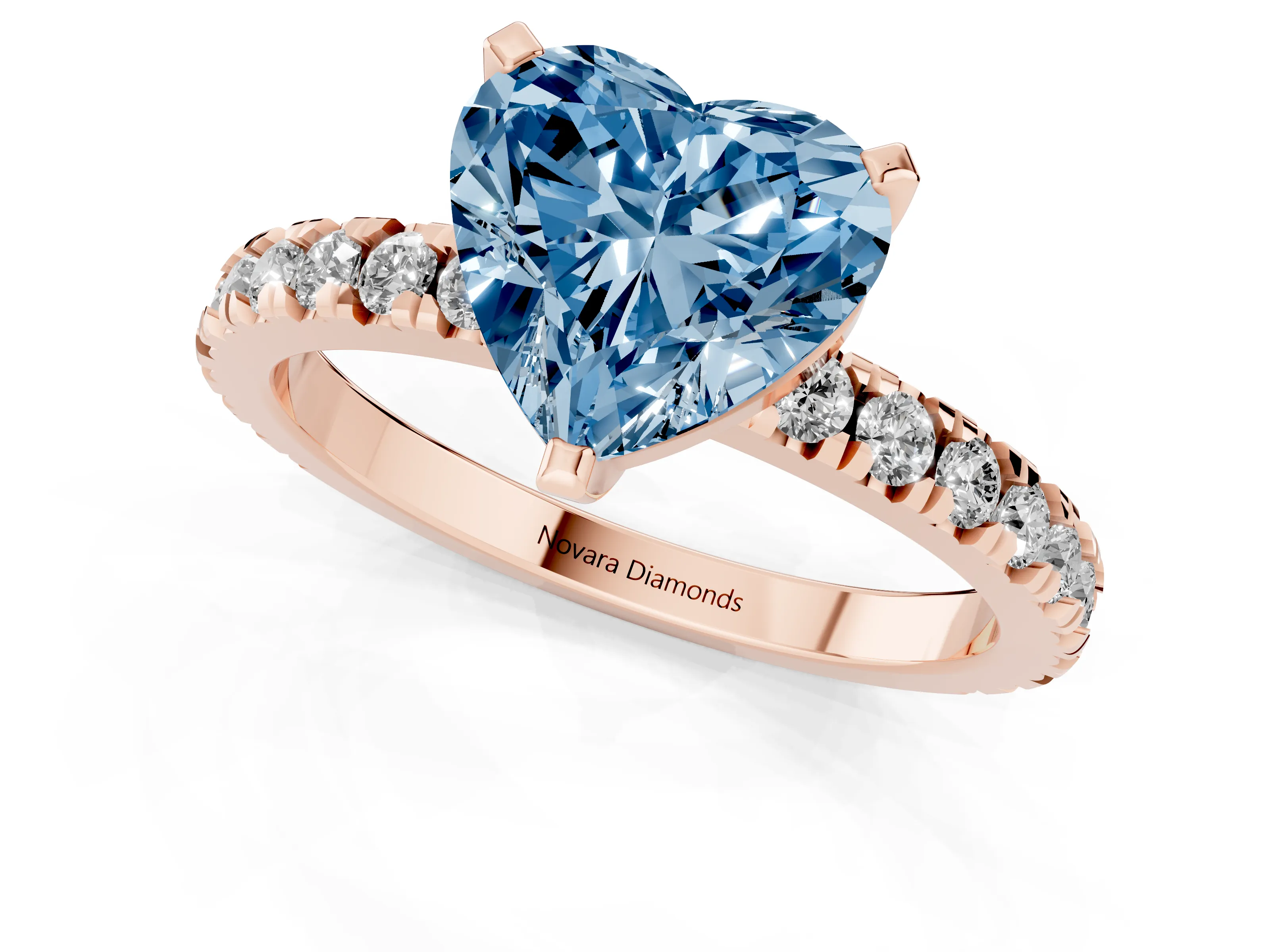 Fancy Blue Heart Cut Diamond Pavé Band Solitaire Set in Rose gold with Prong Setting