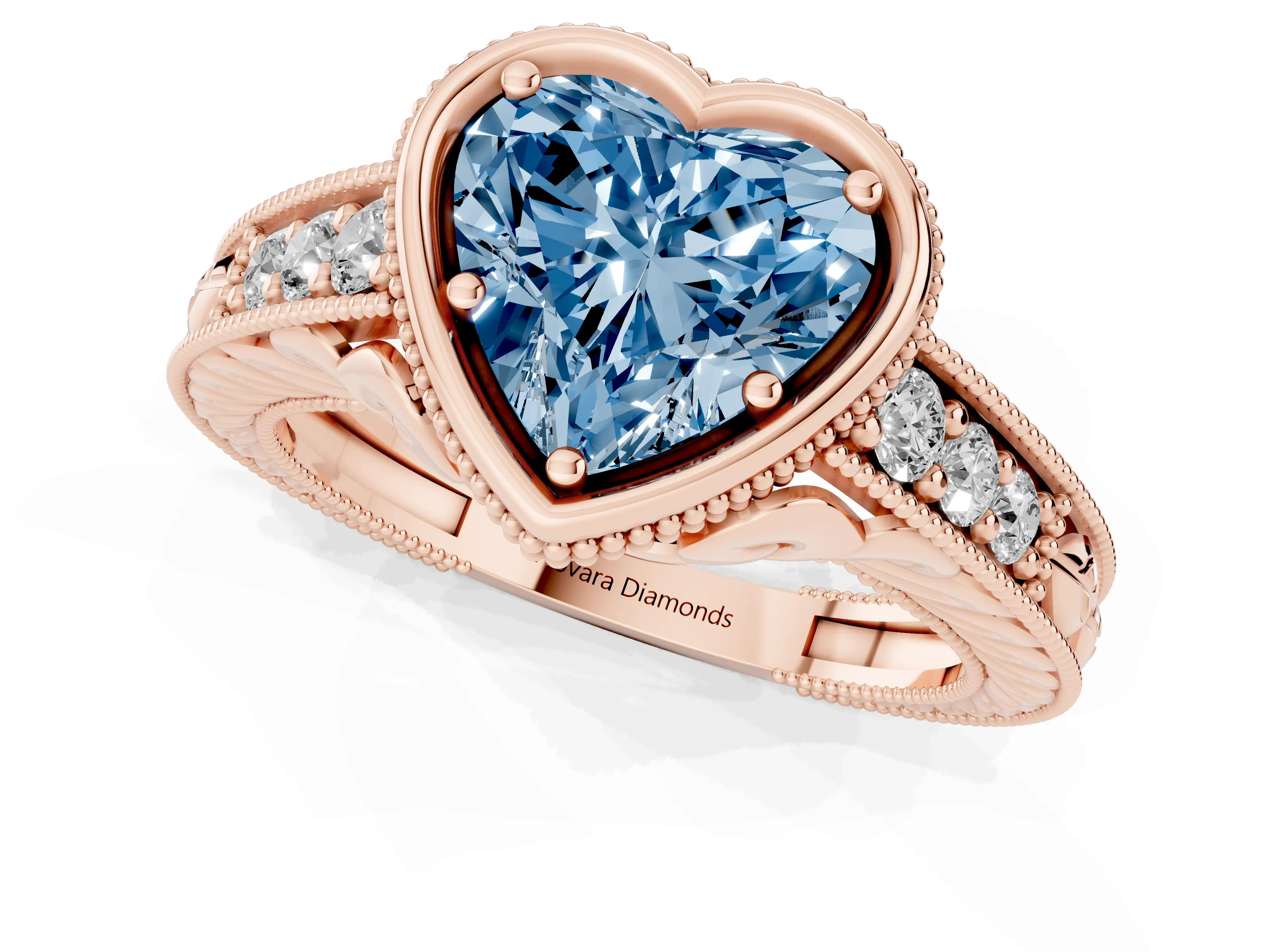Fancy Blue Bezel Set Heart Cut Diamond Milgrain Pavé Engagement Ring Set in Rose gold