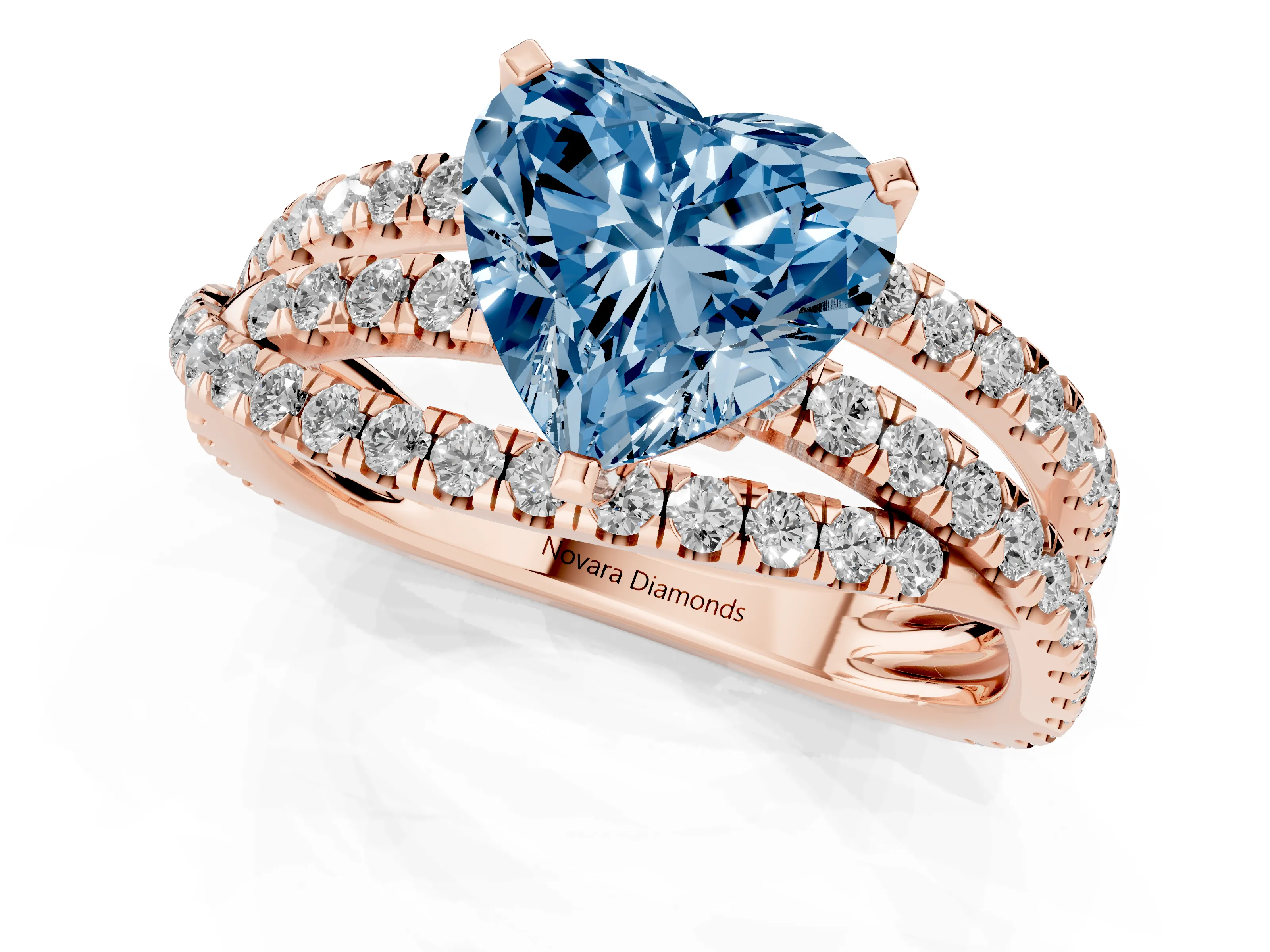 Fancy Blue Heart Cut Diamond Solitaire Twist Band Ring Set in Rose gold with Pavé Setting and Prong Head