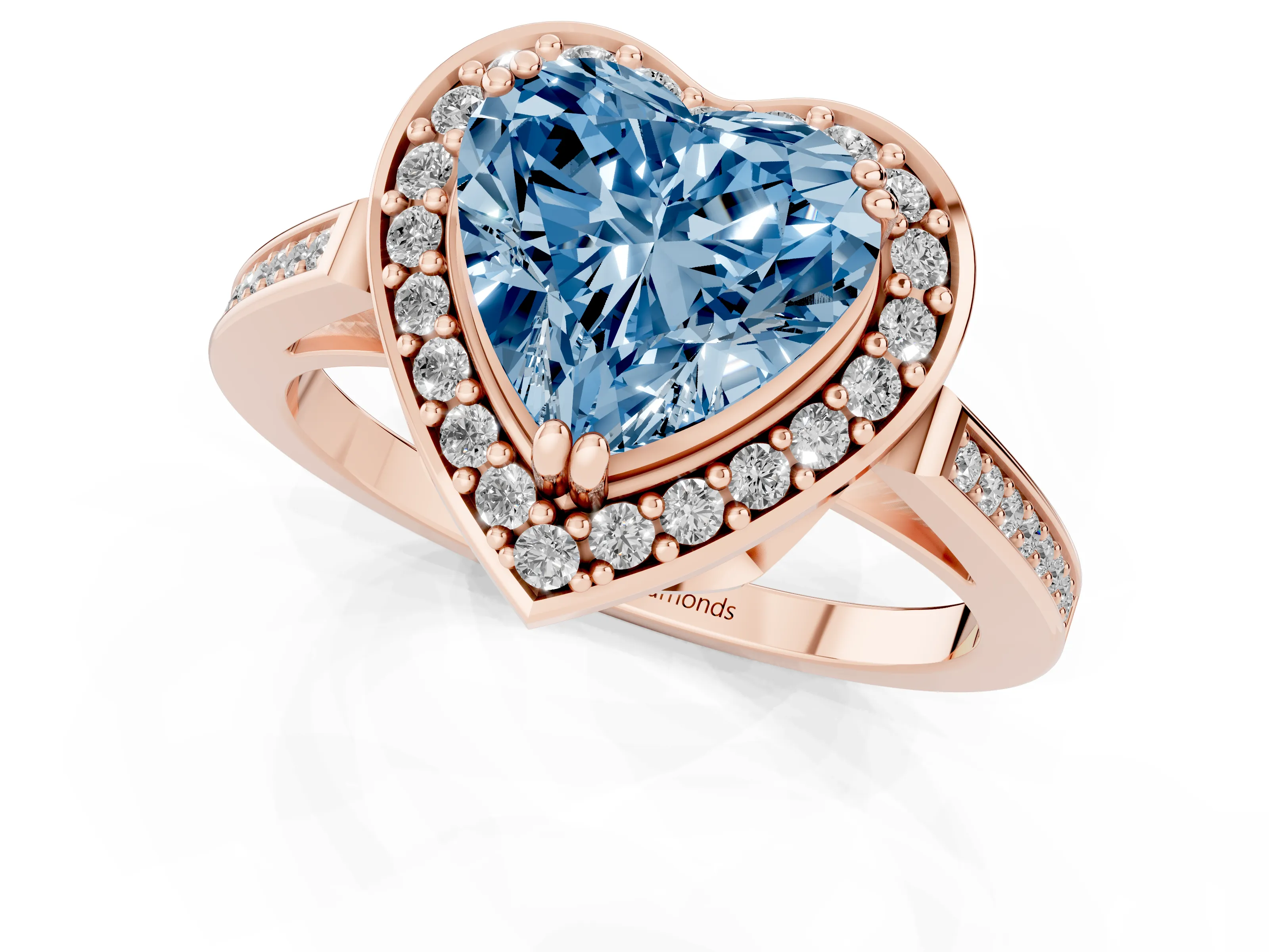 Fancy Blue Heart Cut Diamond Halo Ring Set in Rose gold with Accent-Lined Split Shank and Prong Setting