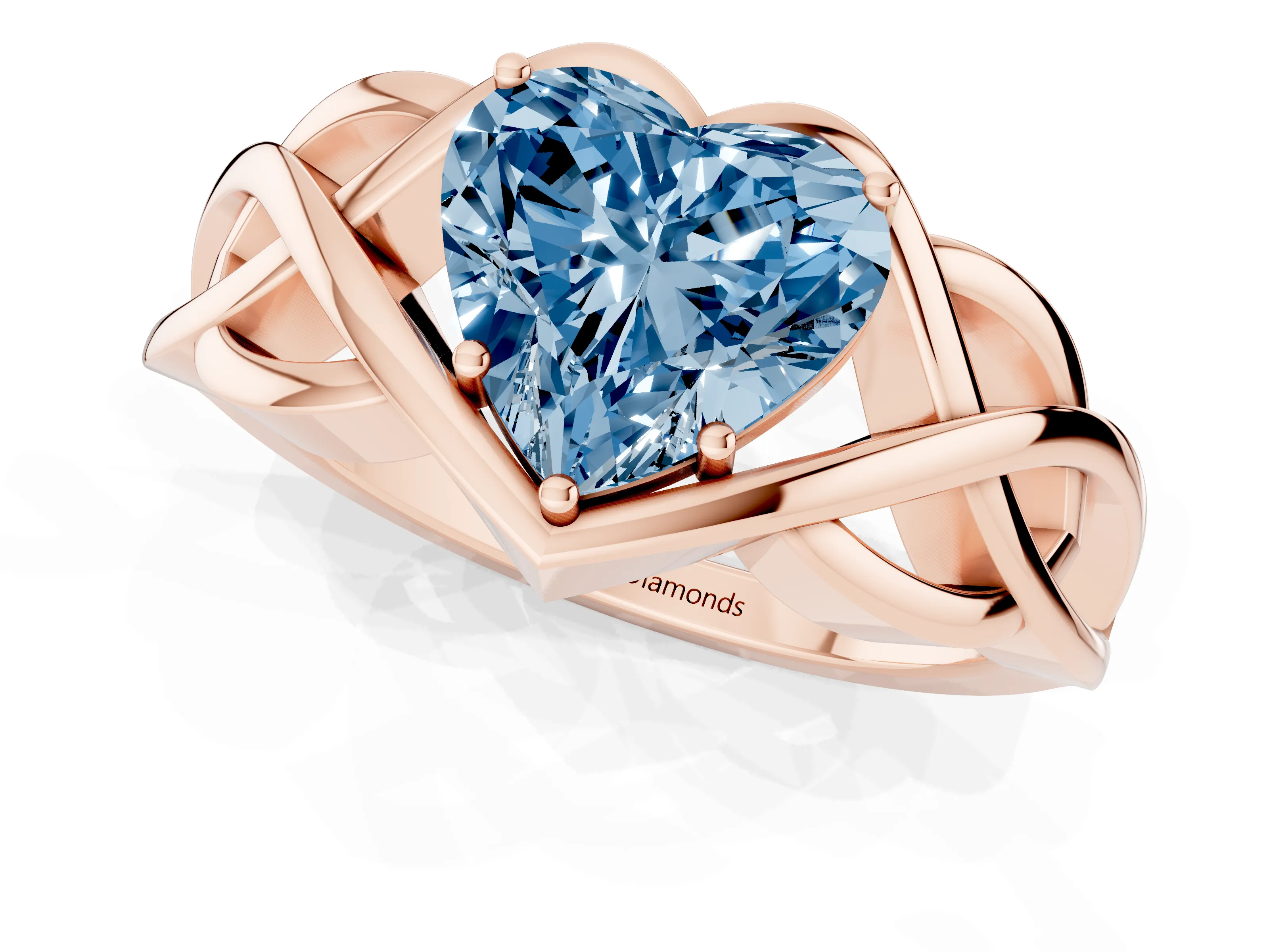 Fancy Blue Heart Cut Diamond Solitaire Ring Set in Rose gold with Intertwined Band