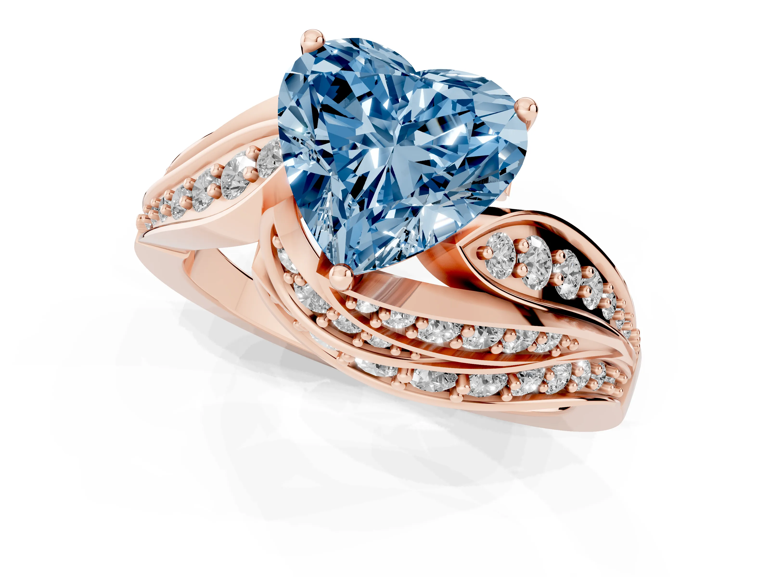 Fancy Blue Heart Cut Diamond Solitaire Ring Set in Rose gold with Layered Twist Pavé Band