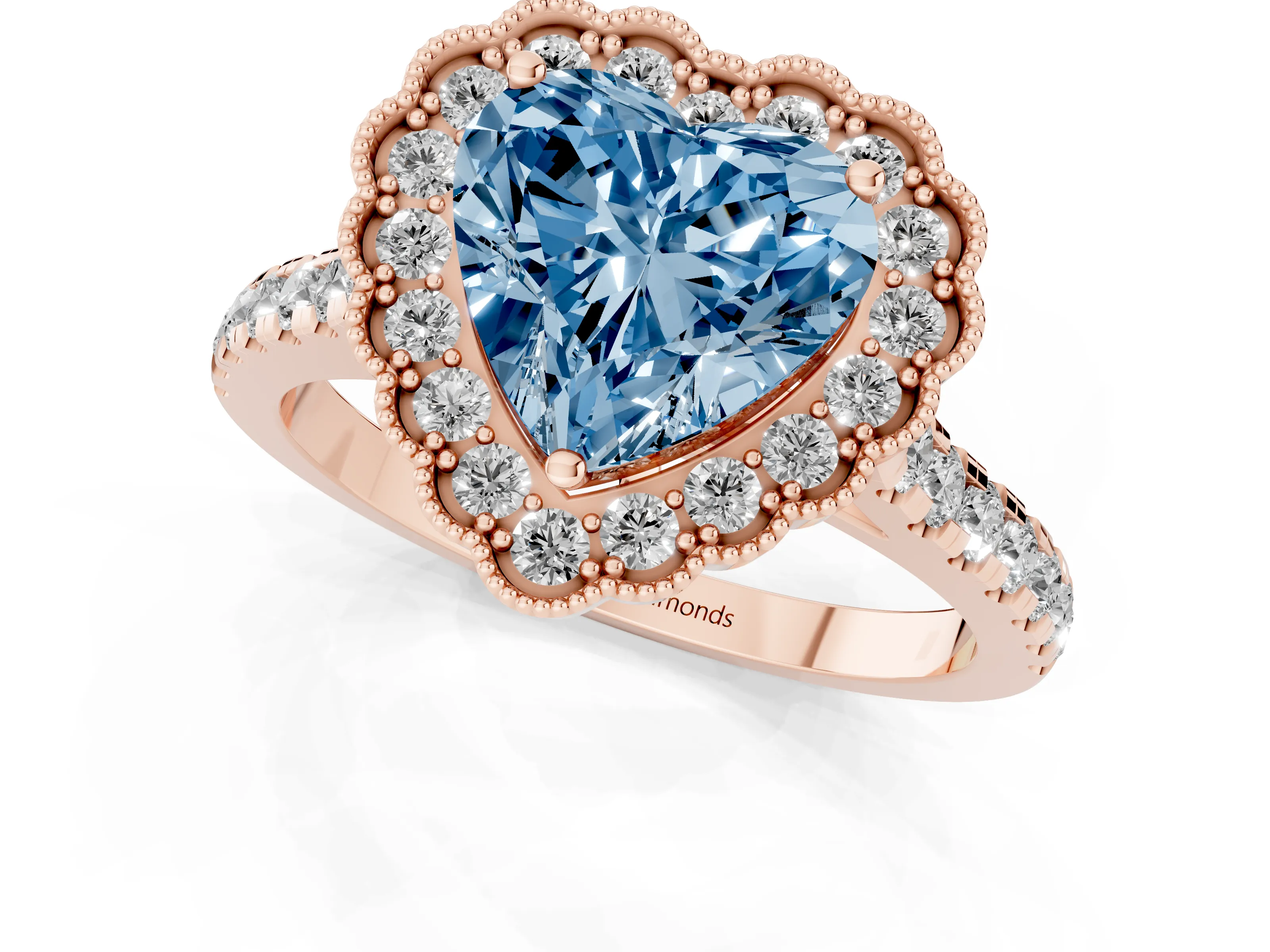 Fancy Blue Heart Cut Diamond Milgrain Floral Halo Engagement Ring Set in Rose gold with Pavé Band