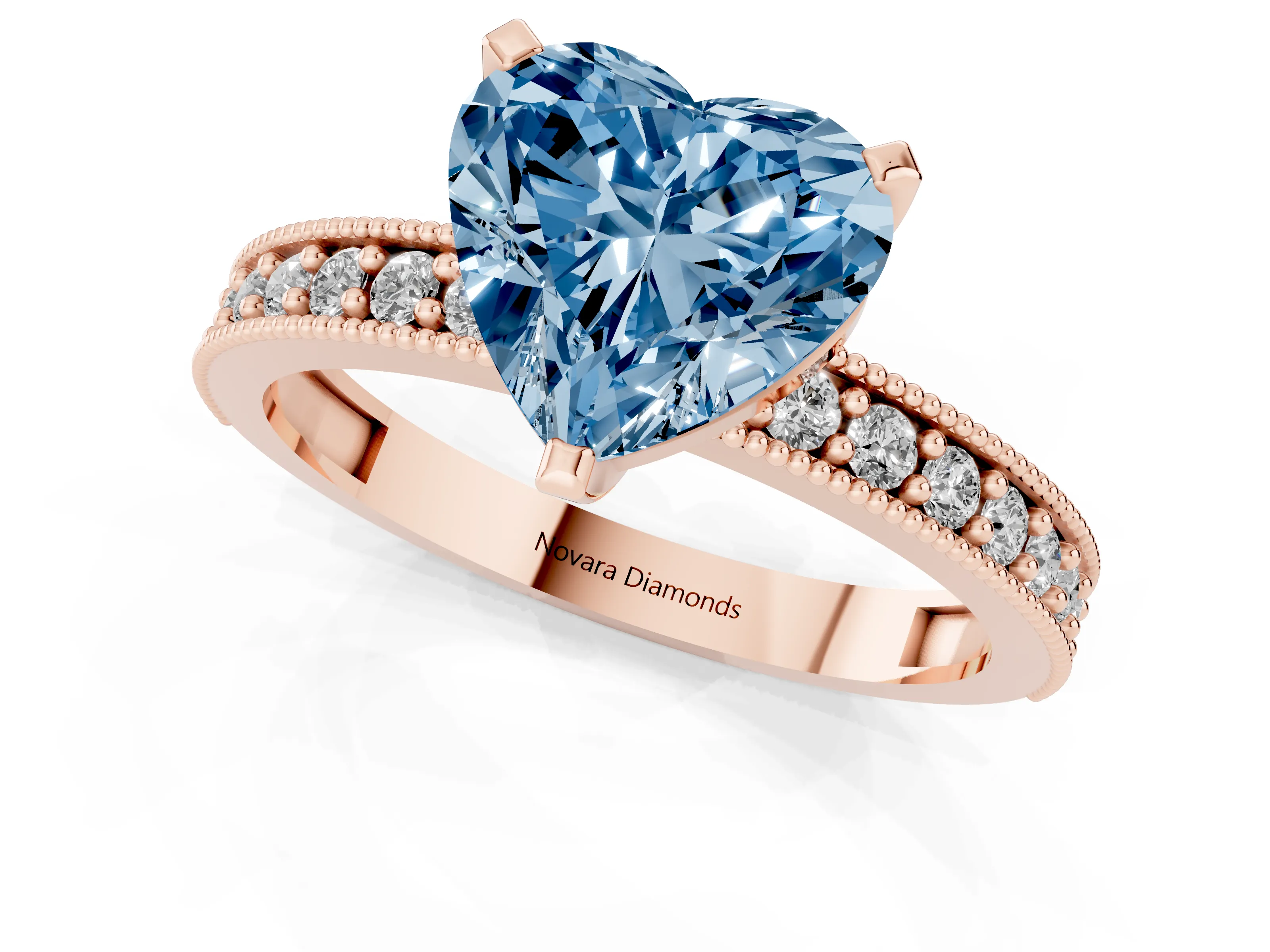 Fancy Blue Heart Cut Diamond Milgrain Pavé Engagement Ring Set in Rose gold with Prong Setting