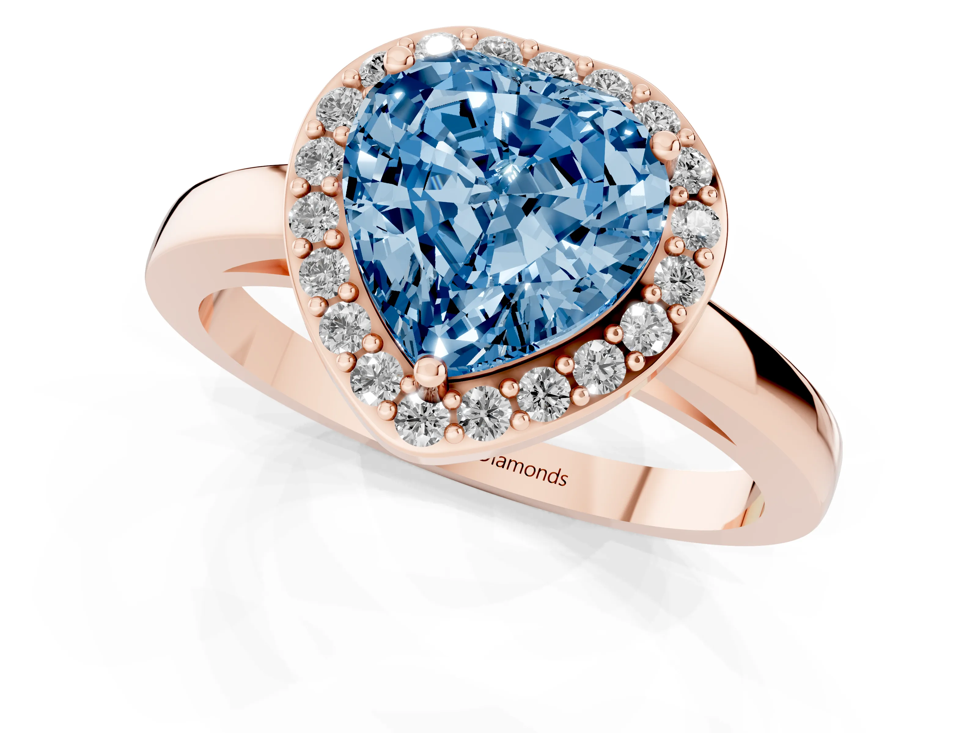 Fancy Blue Heart Cut Diamond Halo Ring Set in Rose gold with Solitaire Band and Prong Setting