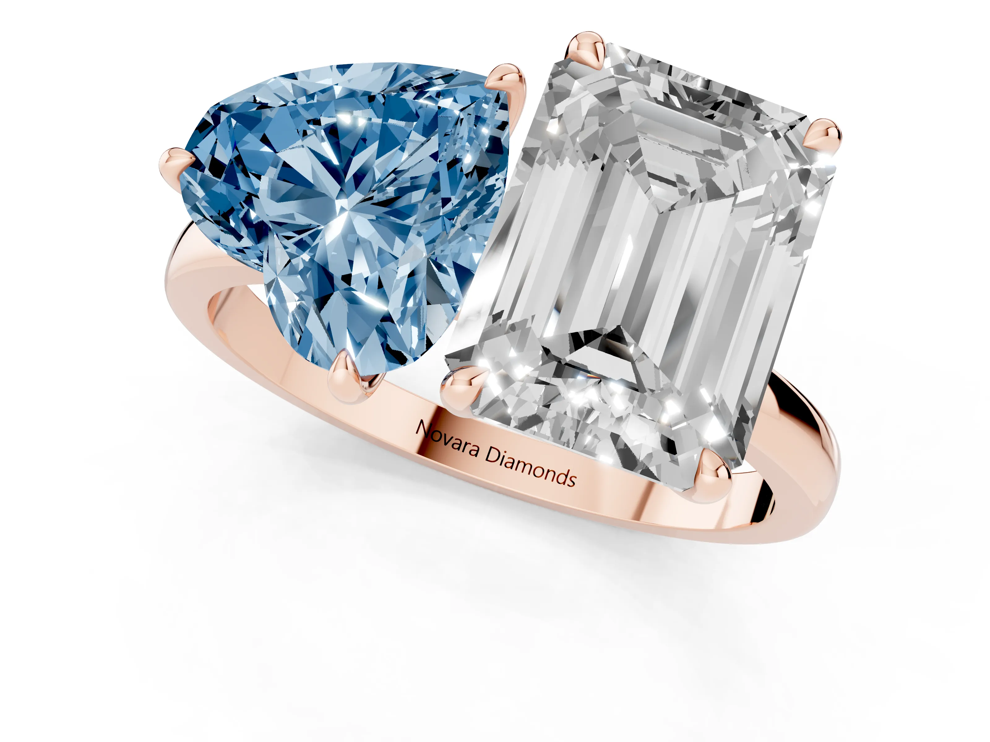 Fancy Blue Heart Cut and Emerald Cut Toi Moi Ring Set in Rose gold with Prong Setting