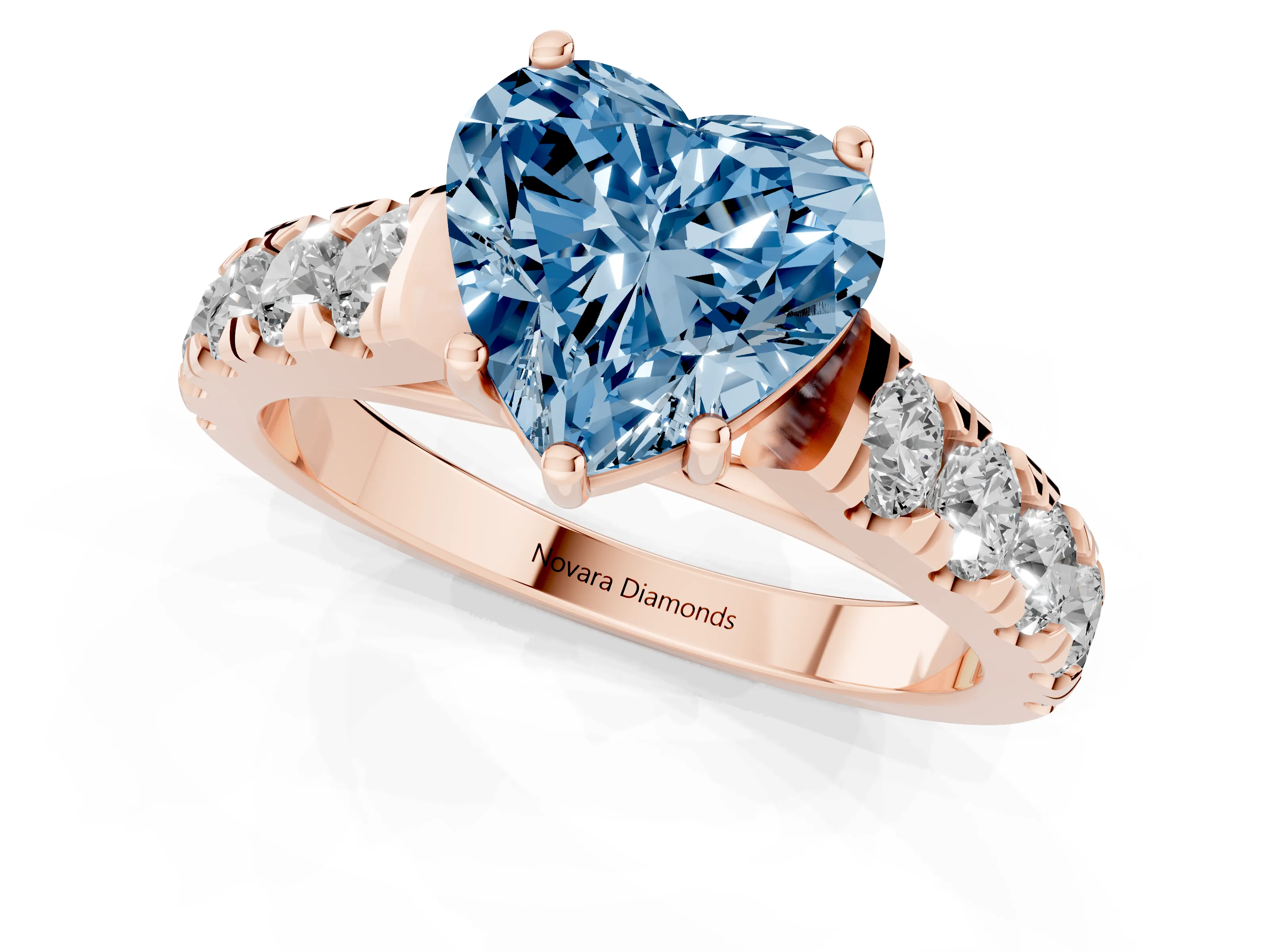 Fancy Blue Heart Cut Diamond Solitaire Ring Set in Rose gold with Cut-Down Micro Pavé Band and Prong Setting