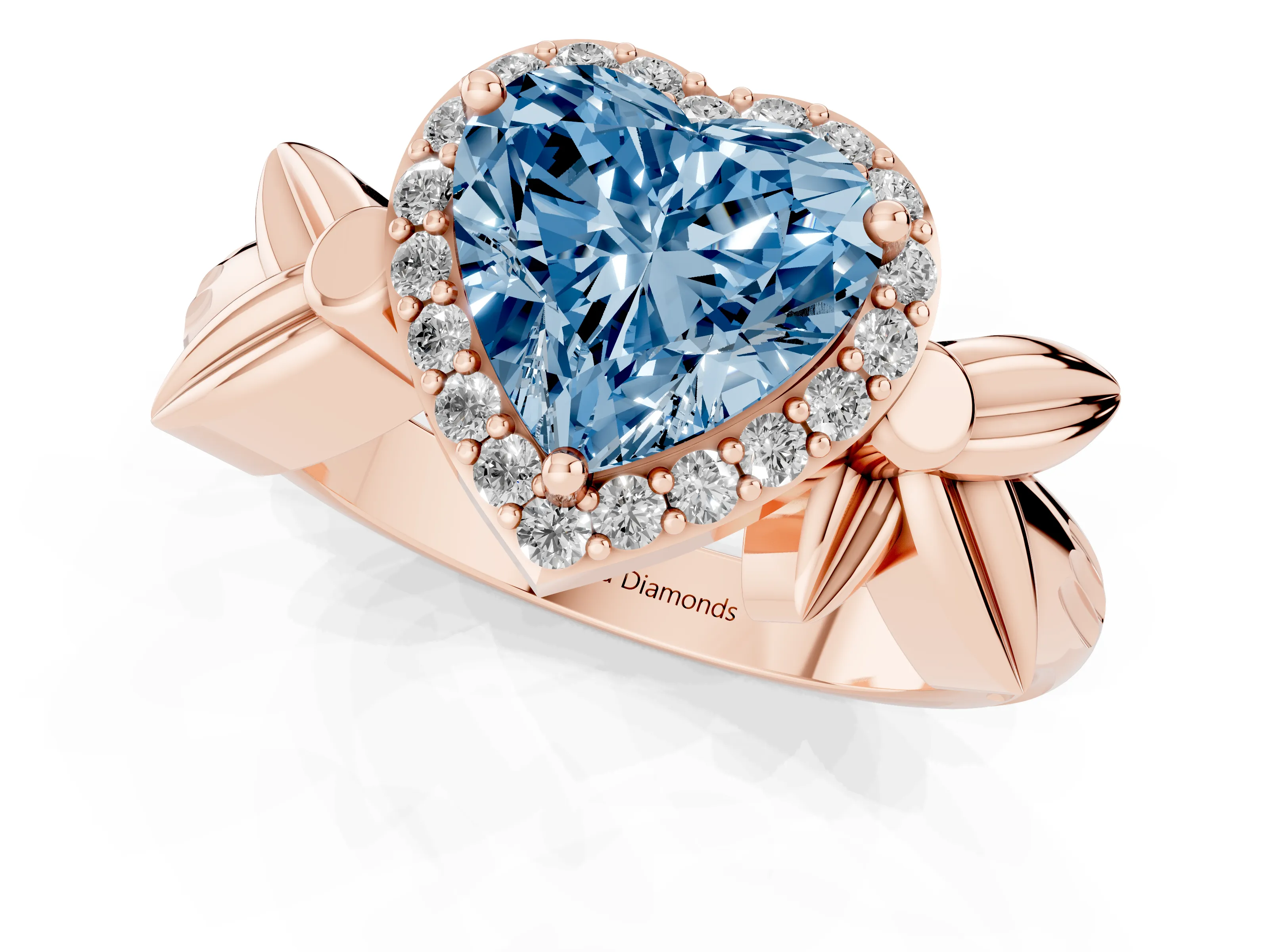 Fancy Blue Heart Cut Diamond Halo Floral Band Ring Set in Rose gold with Prong Setting