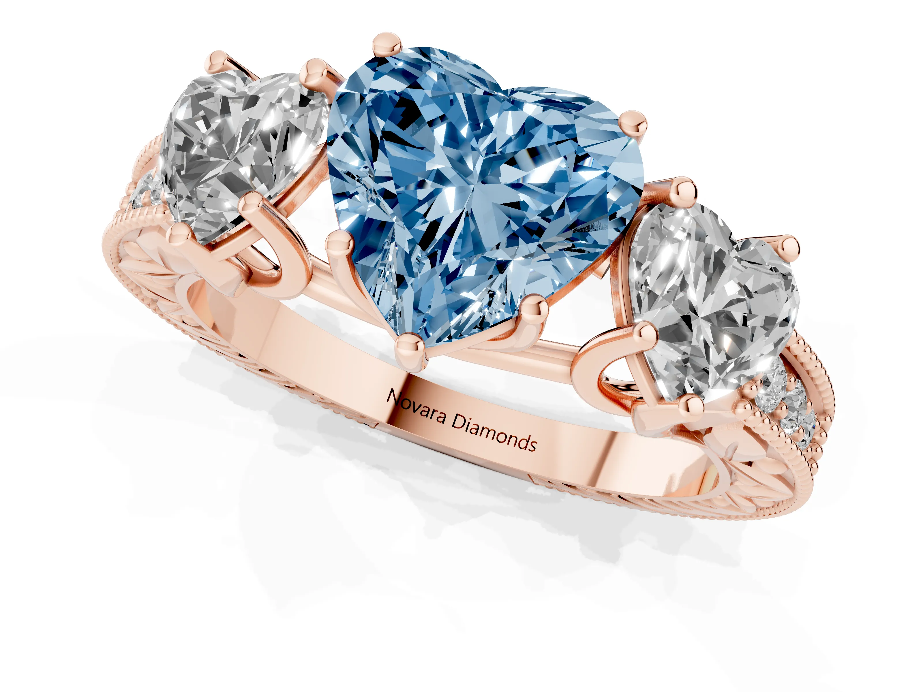 Fancy Blue Heart Cut Diamond Three-Stone Engagement Ring Set in Rose gold with Milgrain Pavé Band