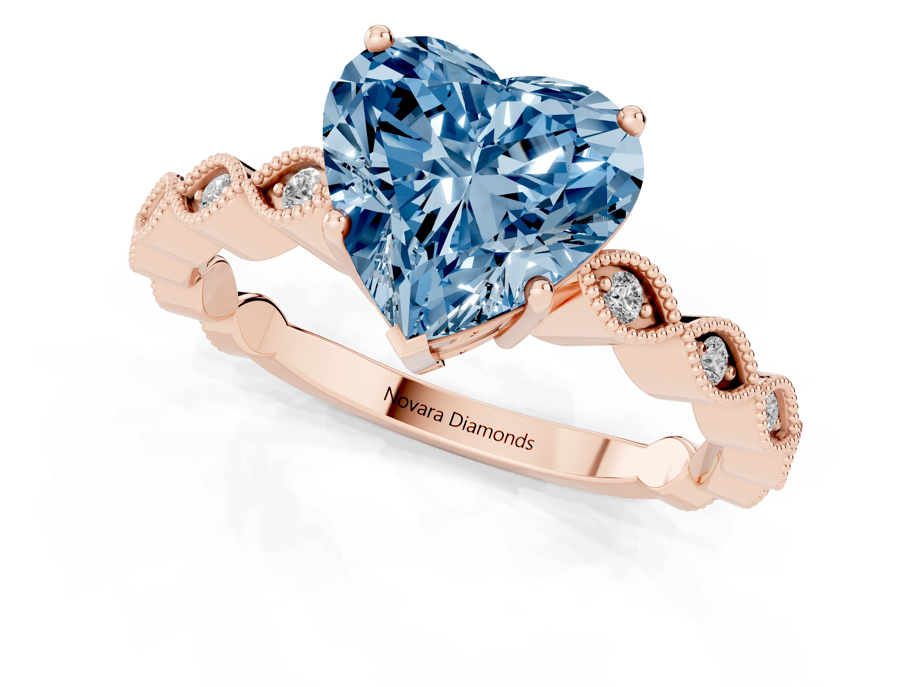 Fancy Blue Heart Cut Diamond Solitaire Ring Set in Rose gold with Infinity Twist Pavé Band