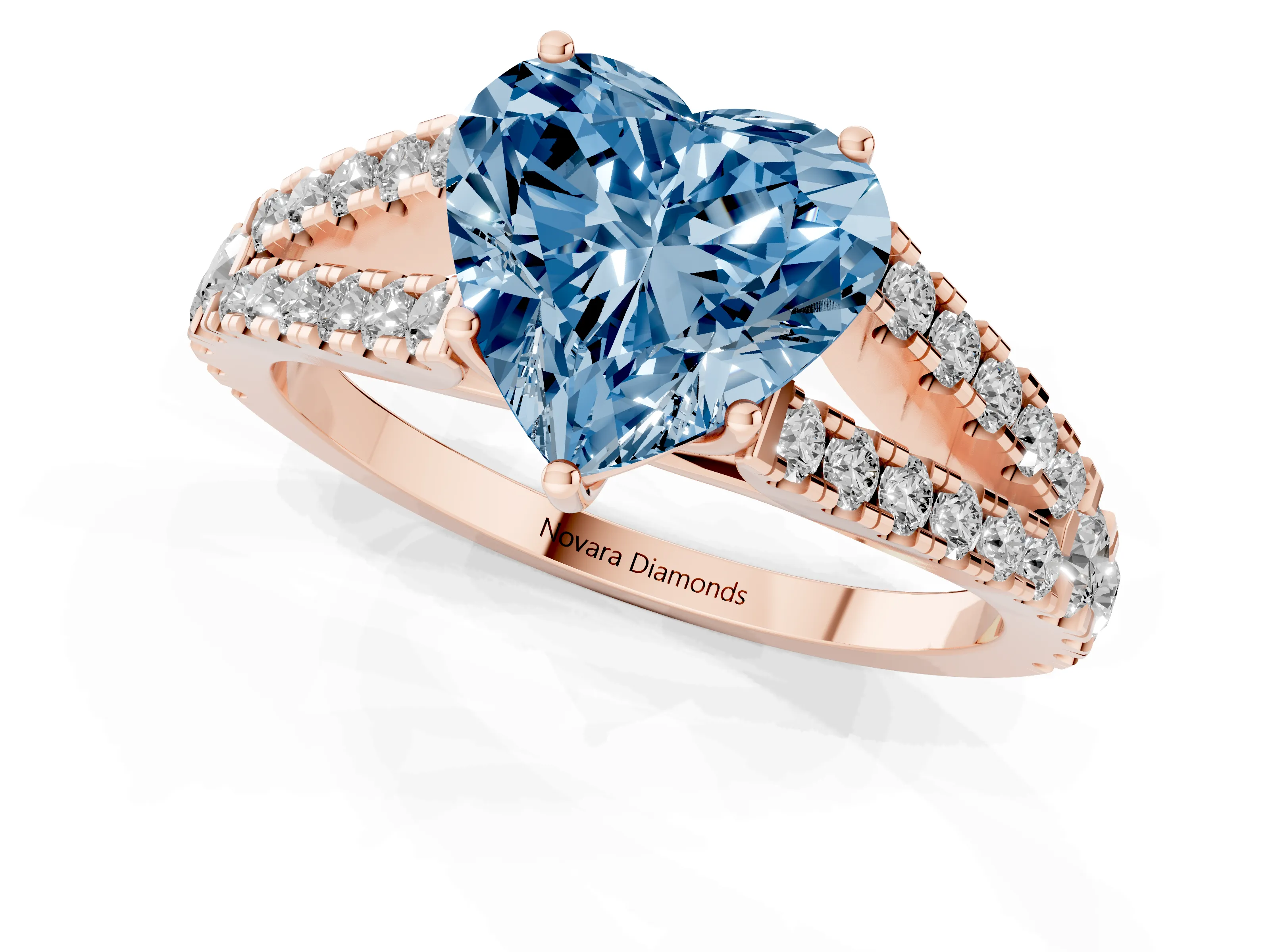 Fancy Blue Heart Cut Diamond Split Shank Pavé Engagement Ring Set in Rose gold with Prong-Held Center Stone