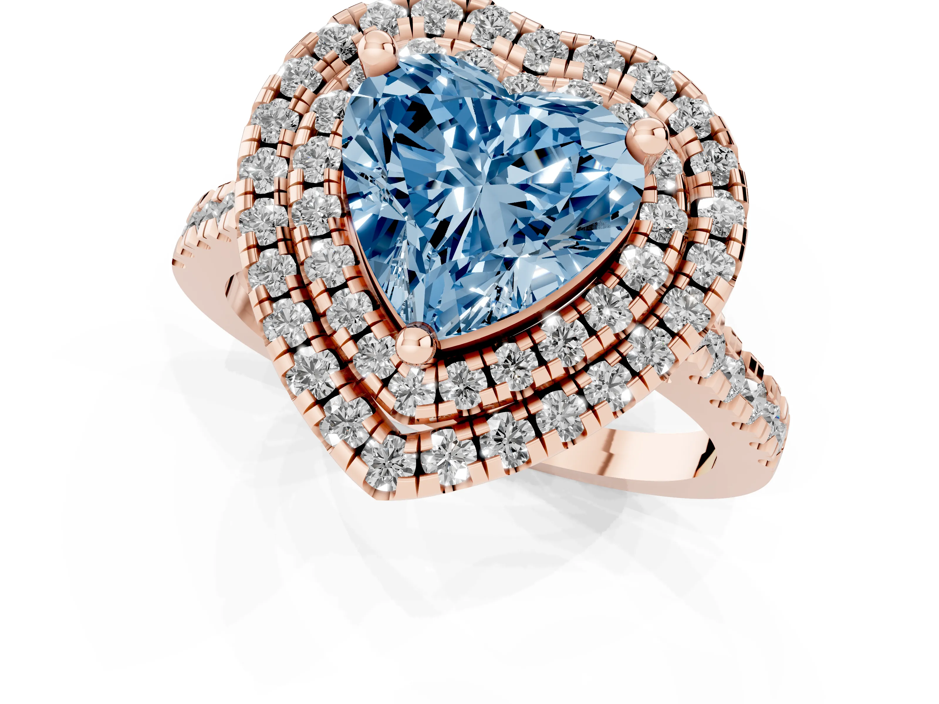 Fancy Blue Heart Cut Diamond Double Halo Statement Ring Set in Rose gold with Pavé Band