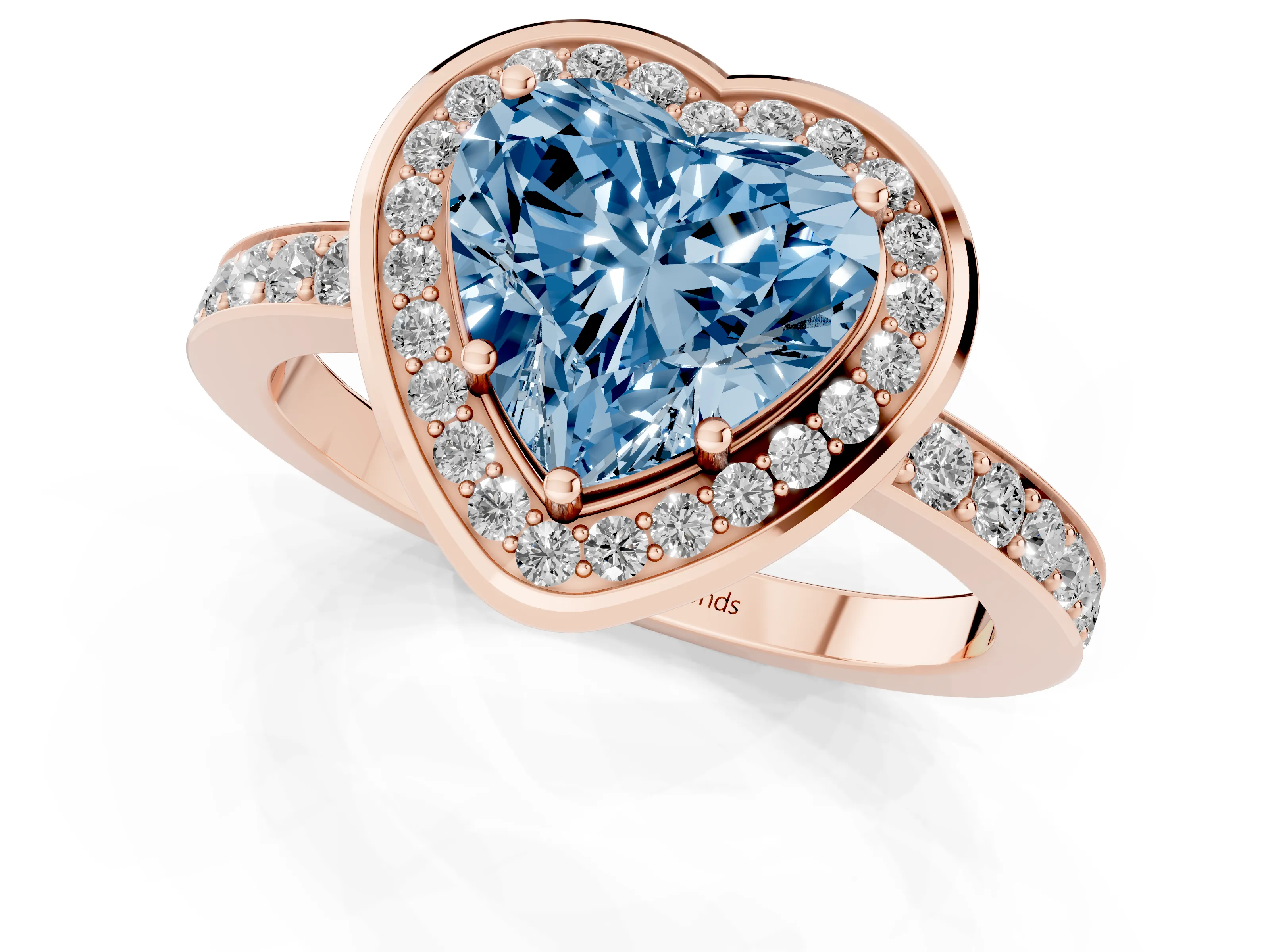 Fancy Blue Heart Cut Diamond Halo Ring Set in Rose gold with Bezel Frame and Pavé Band