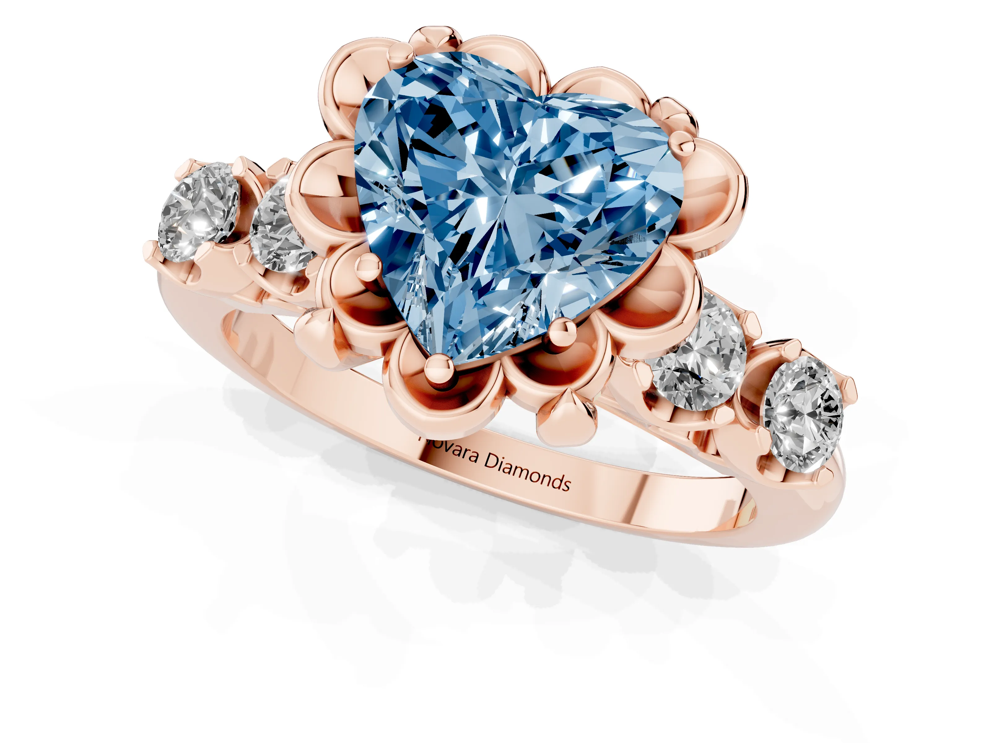 Fancy Blue Heart Cut Diamond Floral Halo Ring Set in Rose gold with Shared Prong Band