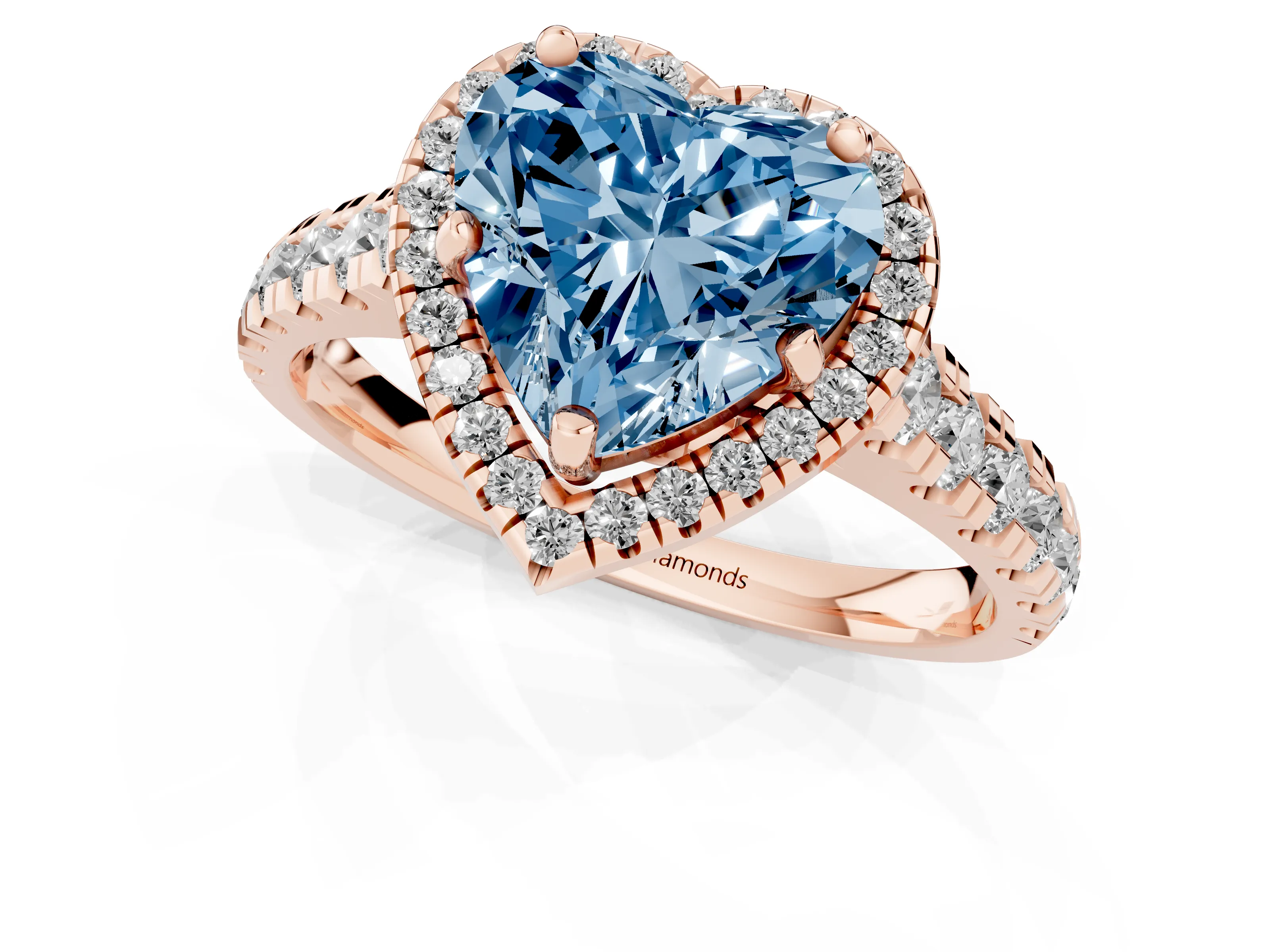 Fancy Blue Heart Cut Diamond Halo Engagement Ring Set in Rose gold with Pavé Band and Prong-Set Center