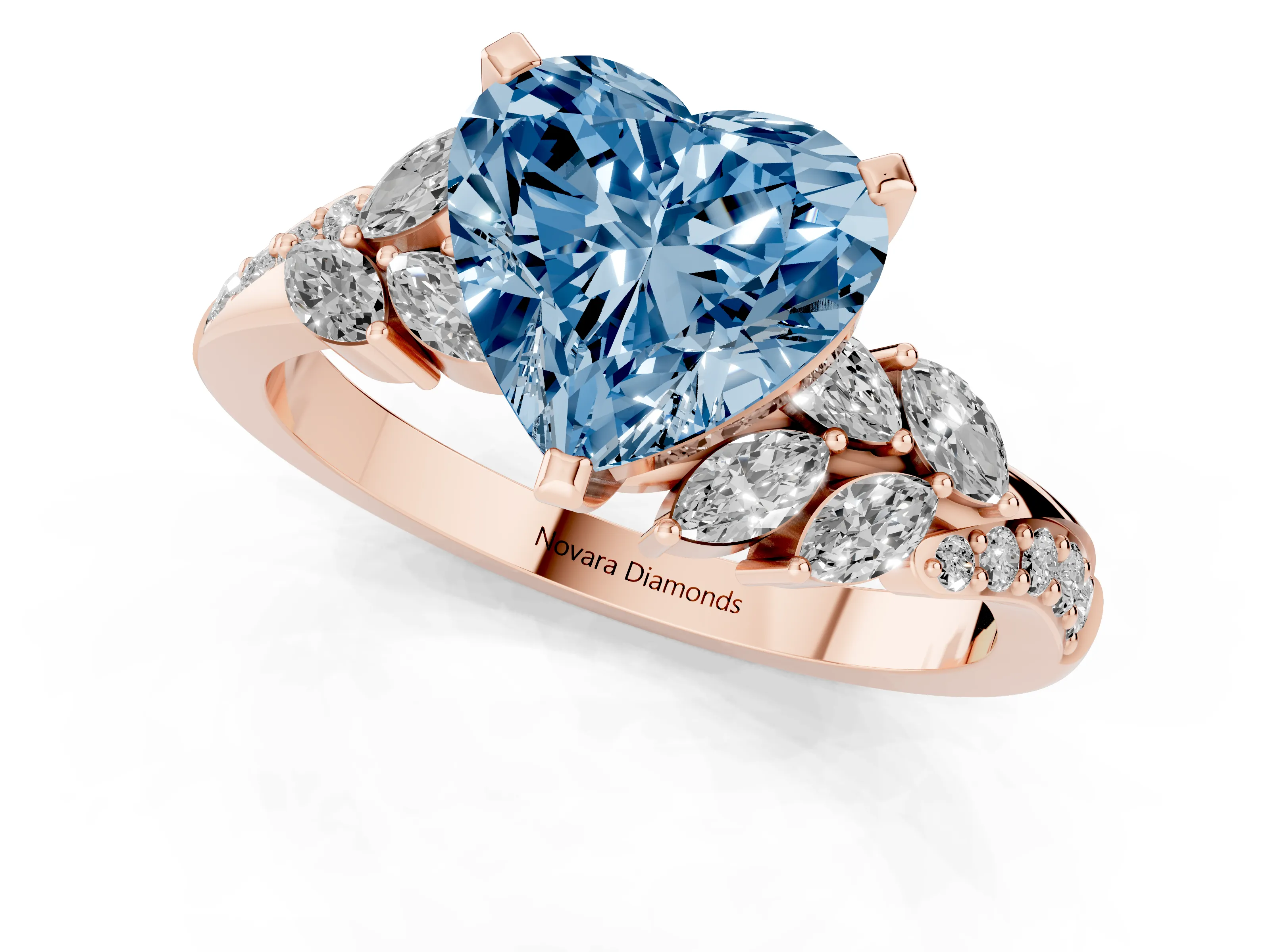 Fancy Blue Heart Cut Diamond Solitaire Ring Set in Rose gold with Marquise Twist Band and Prong Setting