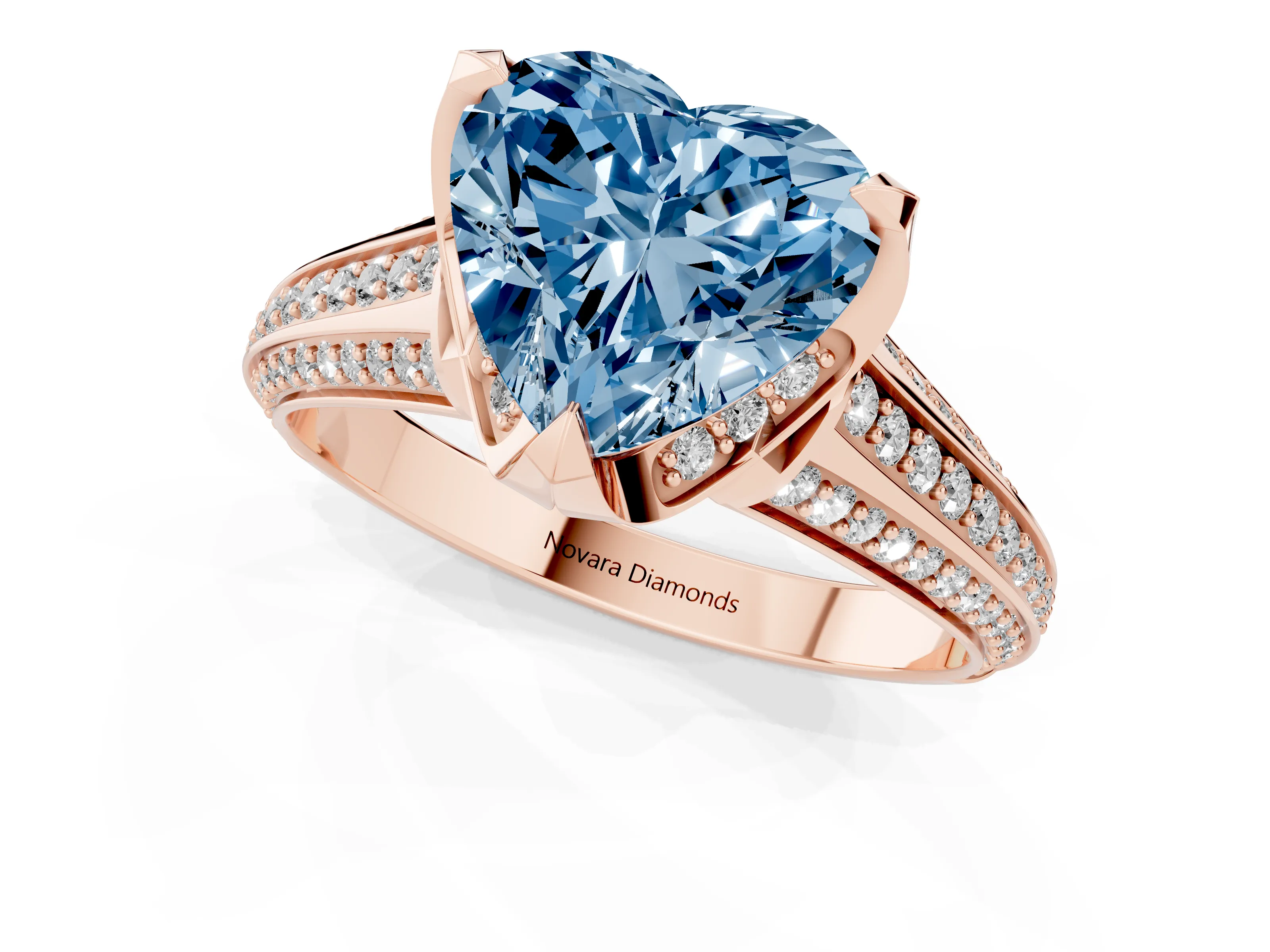 Fancy Blue Heart Cut Diamond Pavé Split Shank Solitaire Ring Set in Rose gold with Prong Setting