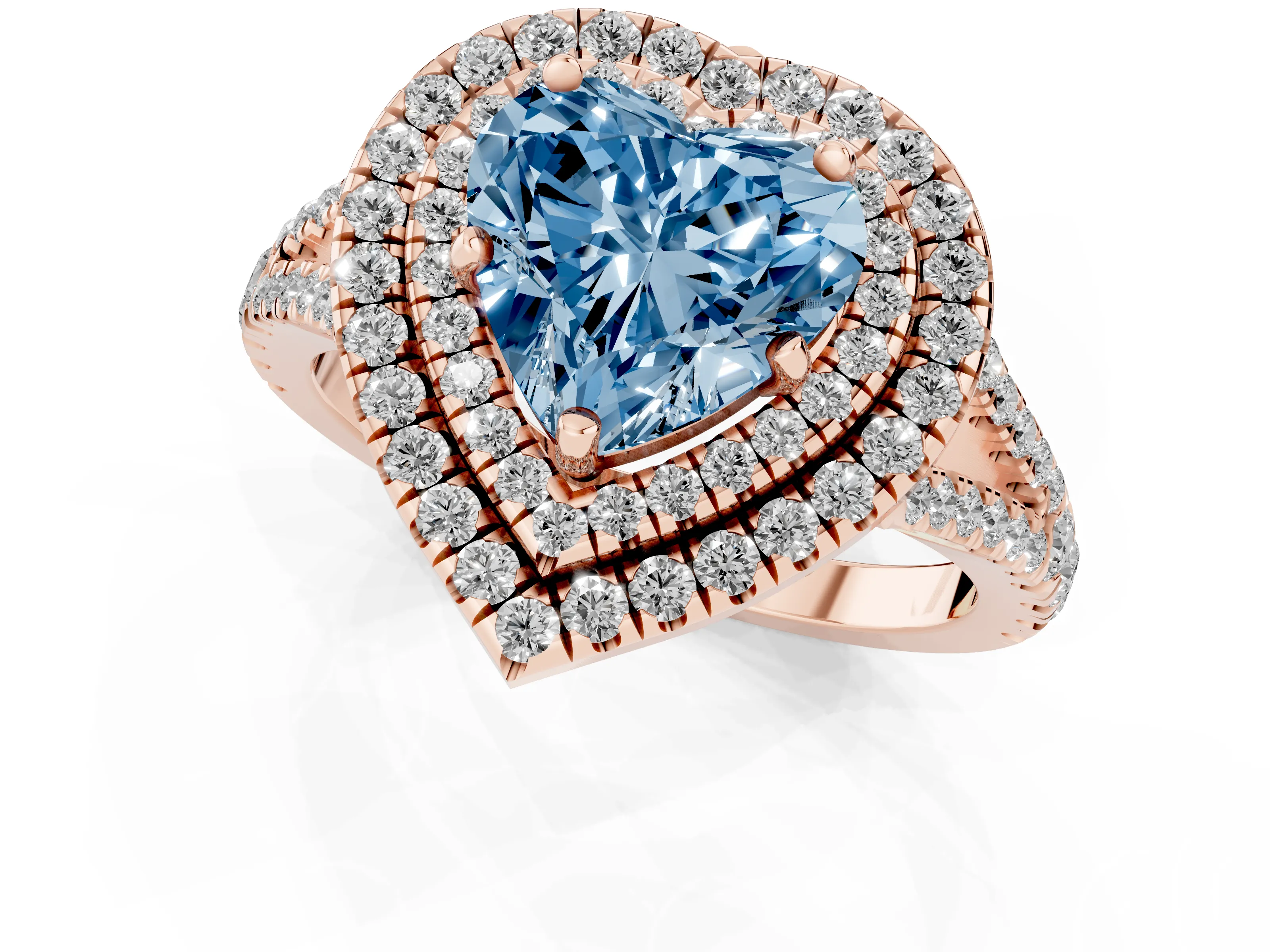 Fancy Blue Heart Cut Diamond Double Halo Ring Set in Rose gold with Pavé Band