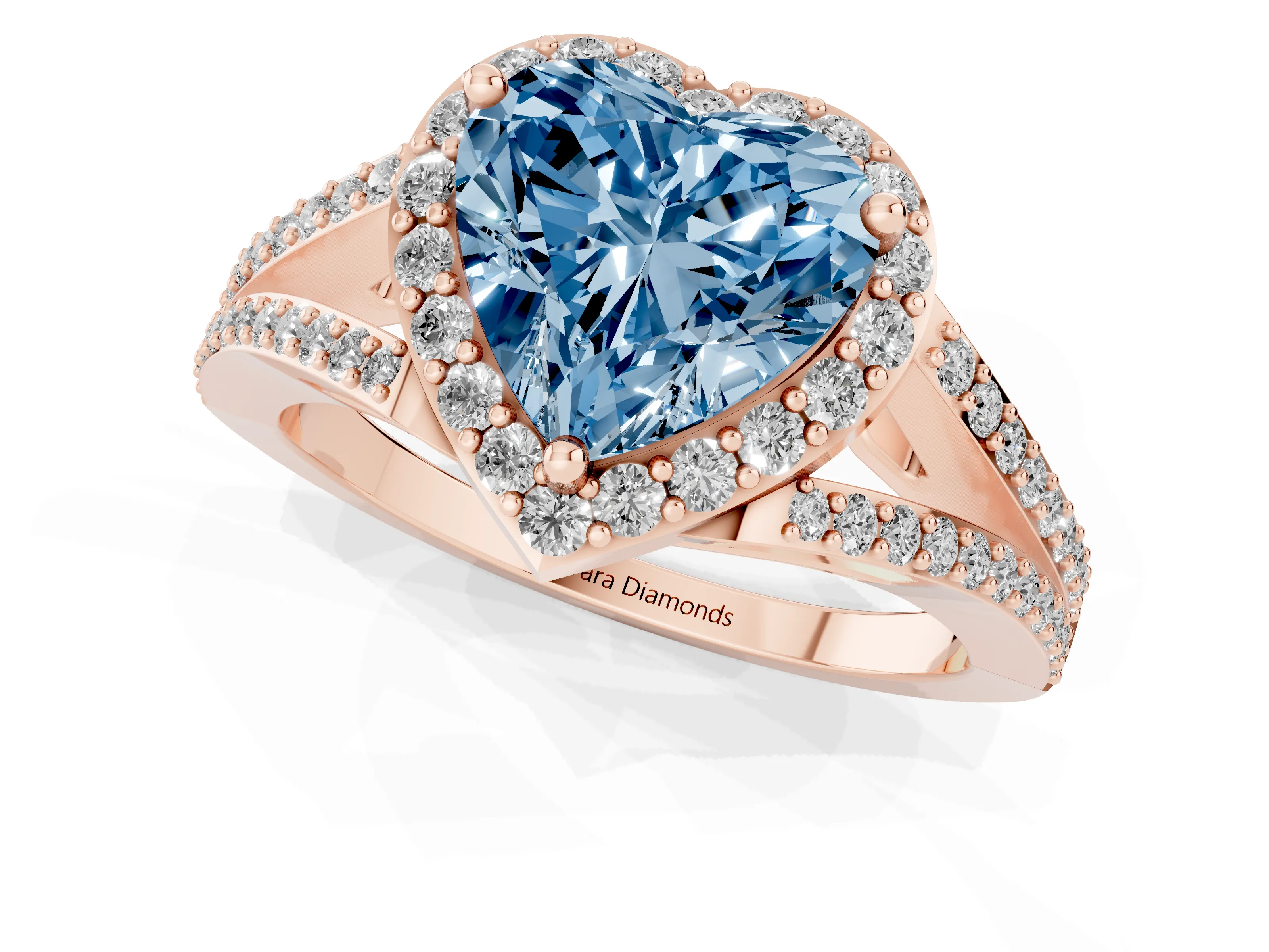 Fancy Blue Heart Cut Diamond Halo Split Shank Pavé Ring Set in Rose gold with Prong Setting