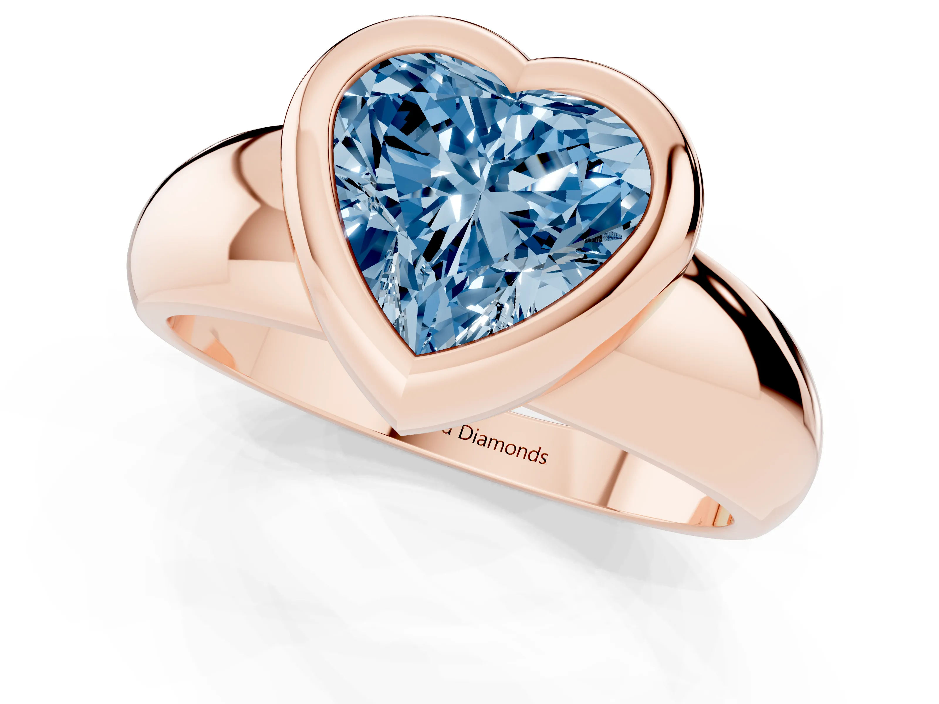 Fancy Blue Bezel Set Heart Cut Diamond Solitaire Ring Set in Rose gold with Wide Band