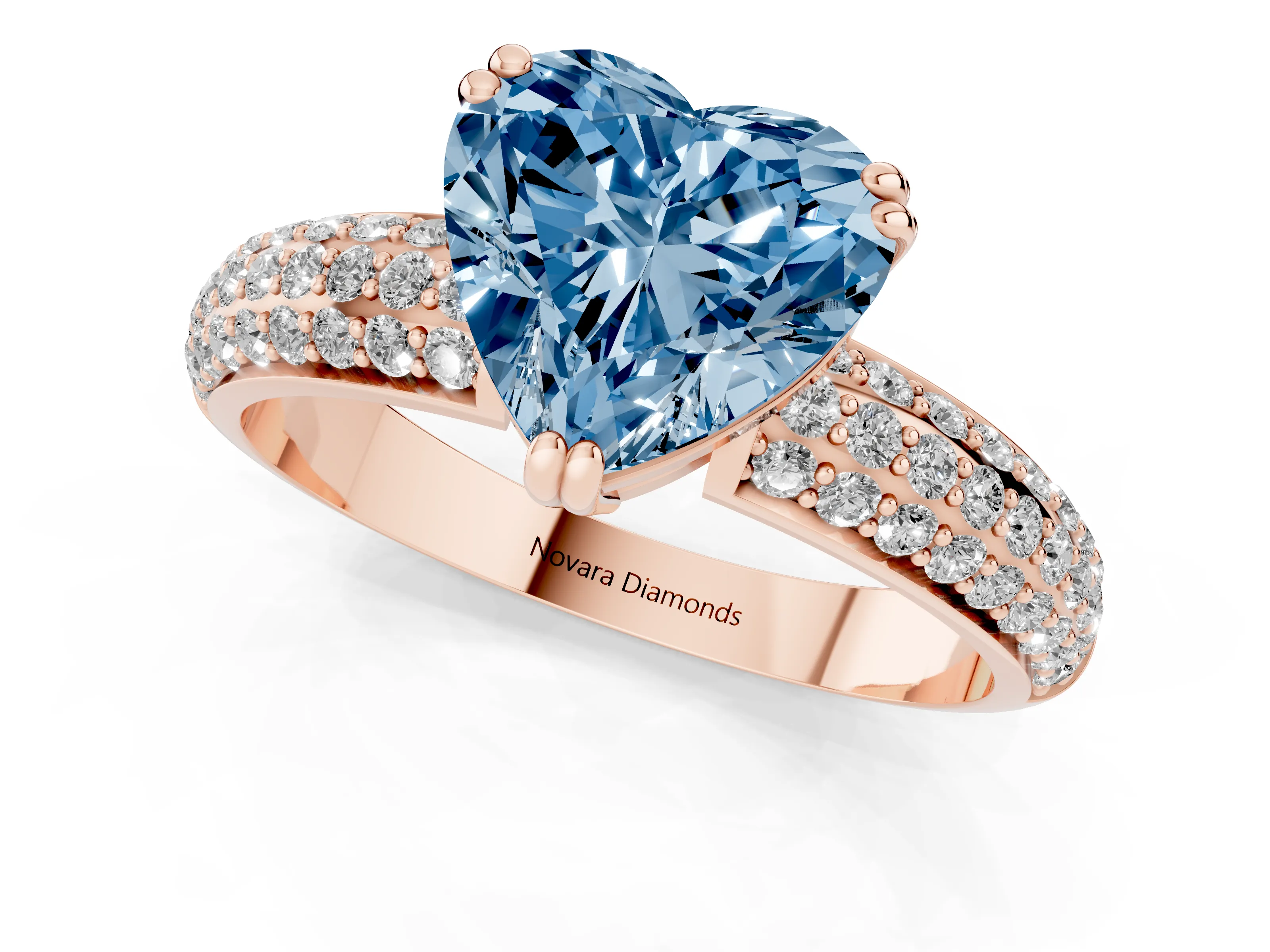 Fancy Blue Heart Cut Diamond Solitaire Ring Set in Rose gold with Multi-Row Round Pavé Band and Prong Setting