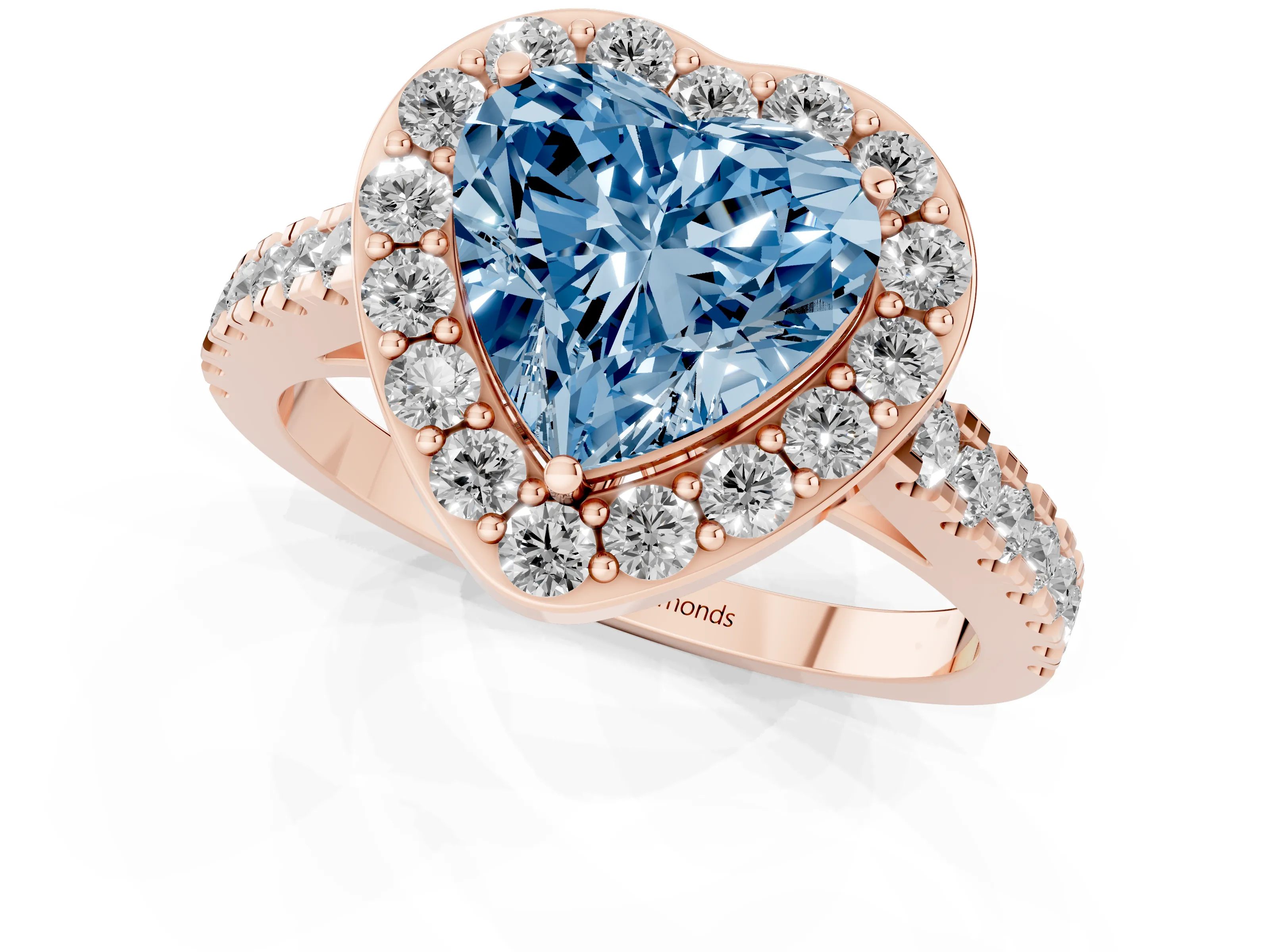 Fancy Blue Heart Cut Diamond Halo Ring Set in Rose gold with Round Pavé Split Shank and Prong Setting