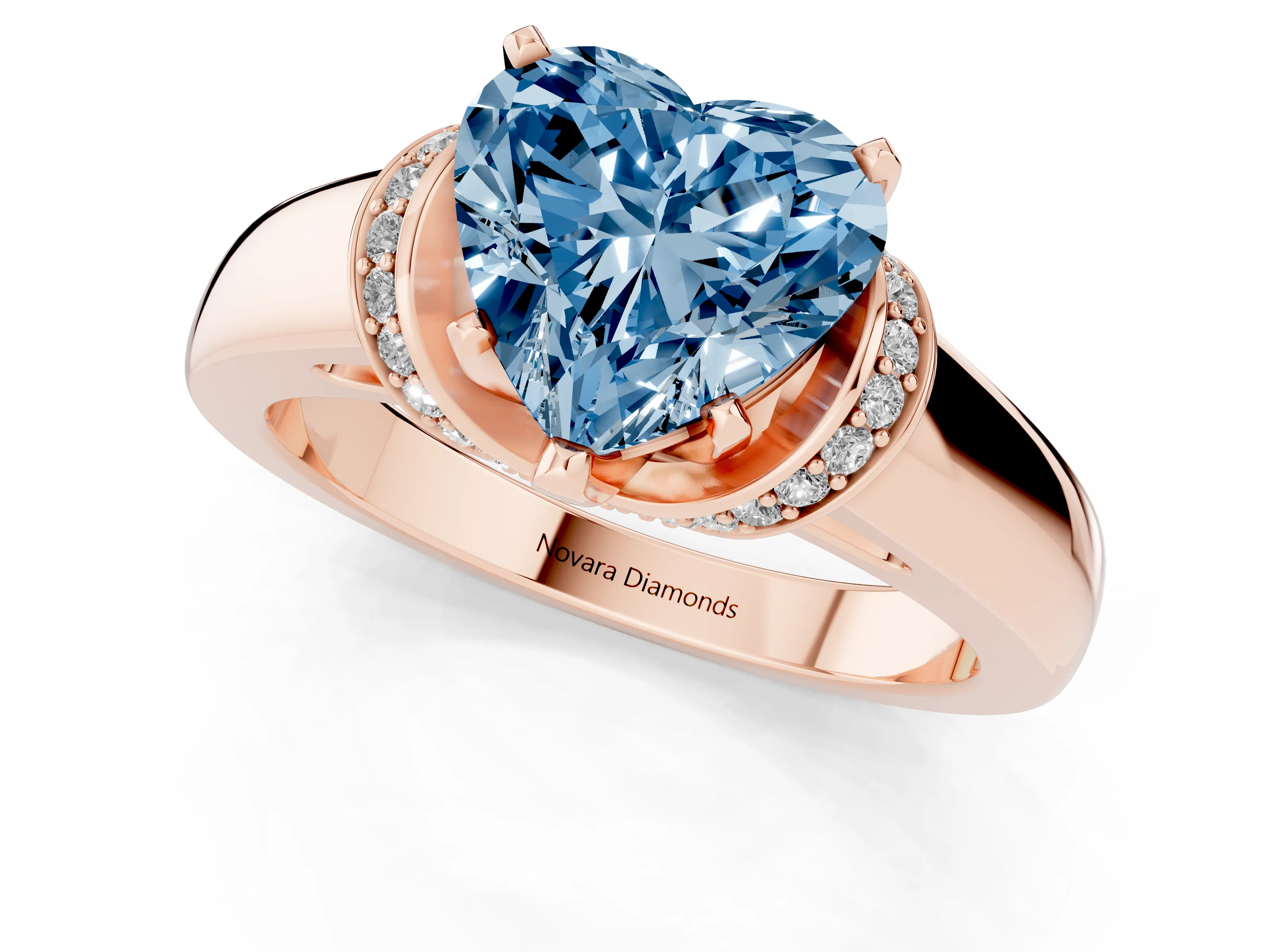 Fancy Blue Heart Cut Diamond Pavé Band Solitaire Ring Set in Rose gold with Prong Setting
