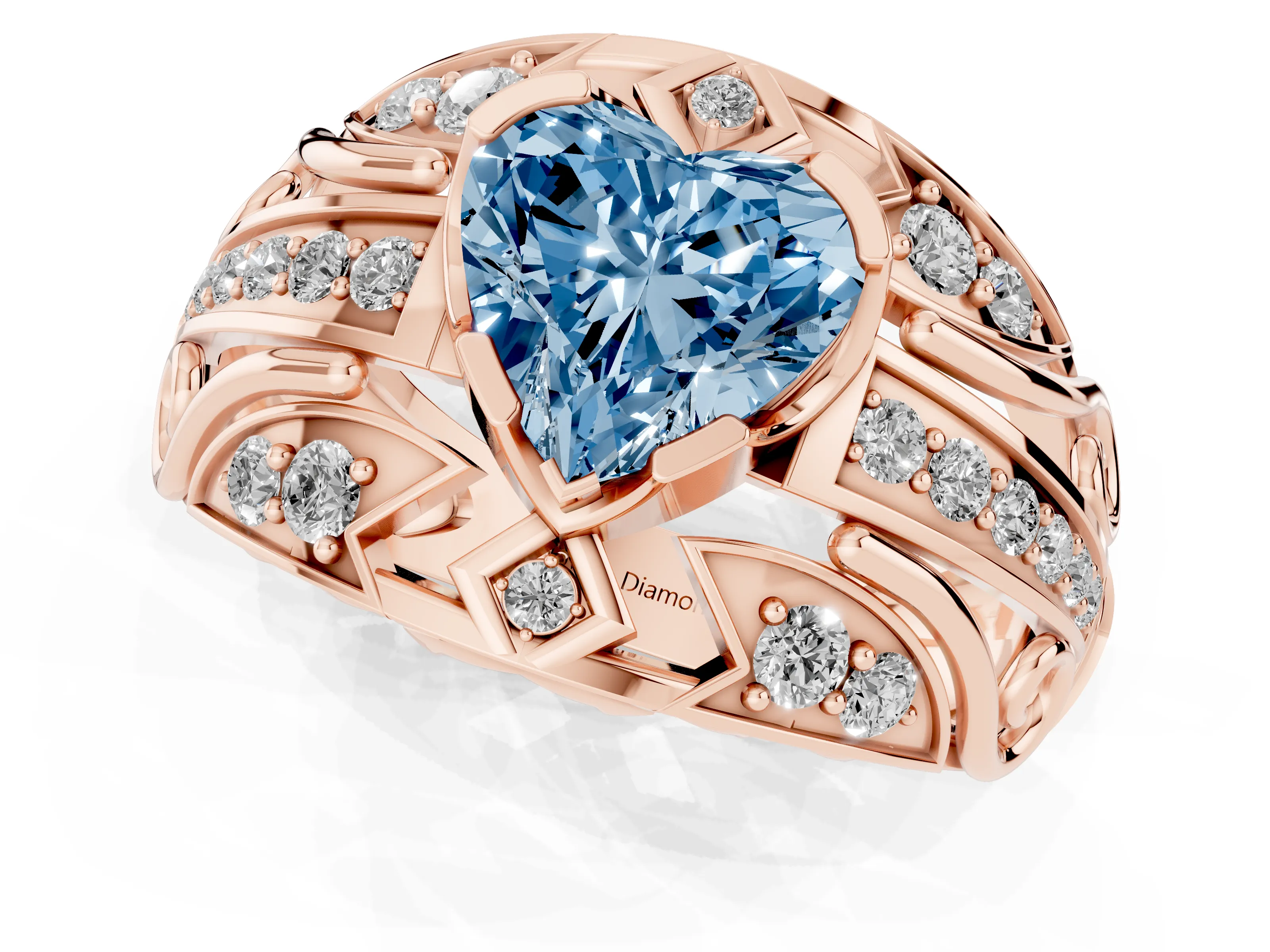 Fancy Blue Heart Cut Diamond Art Deco Ring Set in Rose gold with Pavé Split Shank