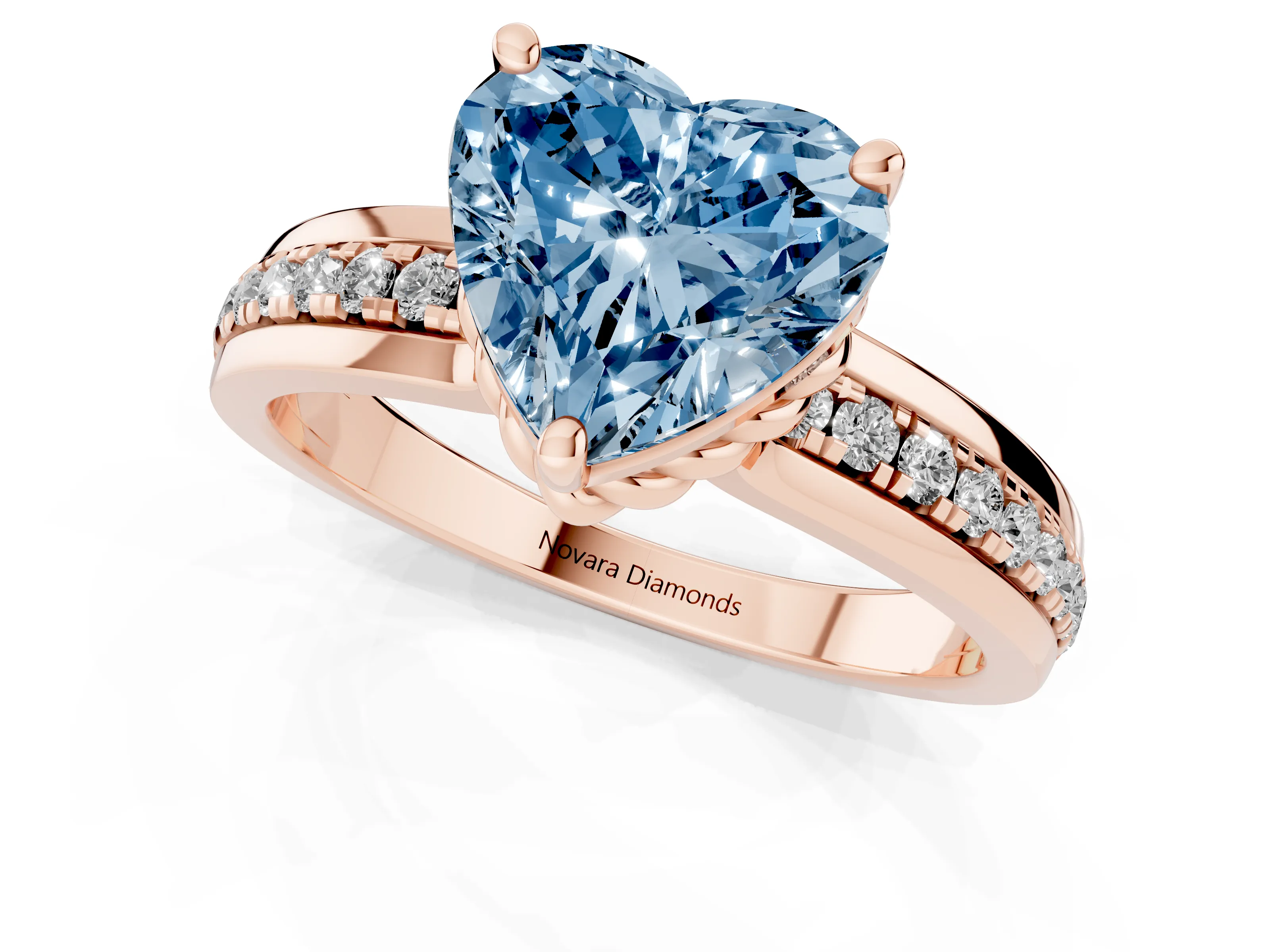 Fancy Blue Heart Cut Diamond Solitaire Ring Set in Rose gold with Channel Set Band and Prong Setting