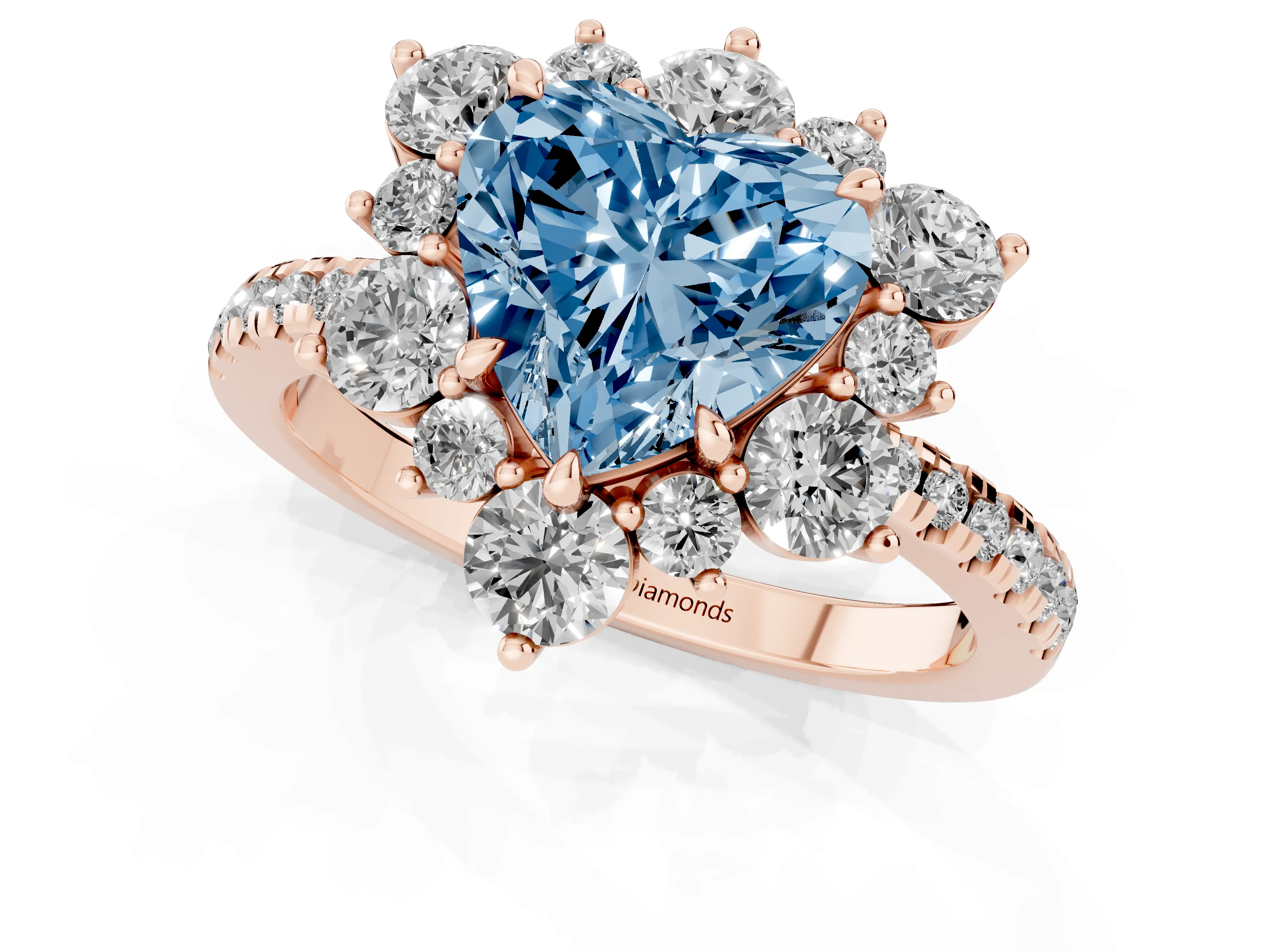 Fancy Blue Heart Cut Diamond Floral Halo Ring Set in Rose gold with Round Pavé Band and Prong Setting