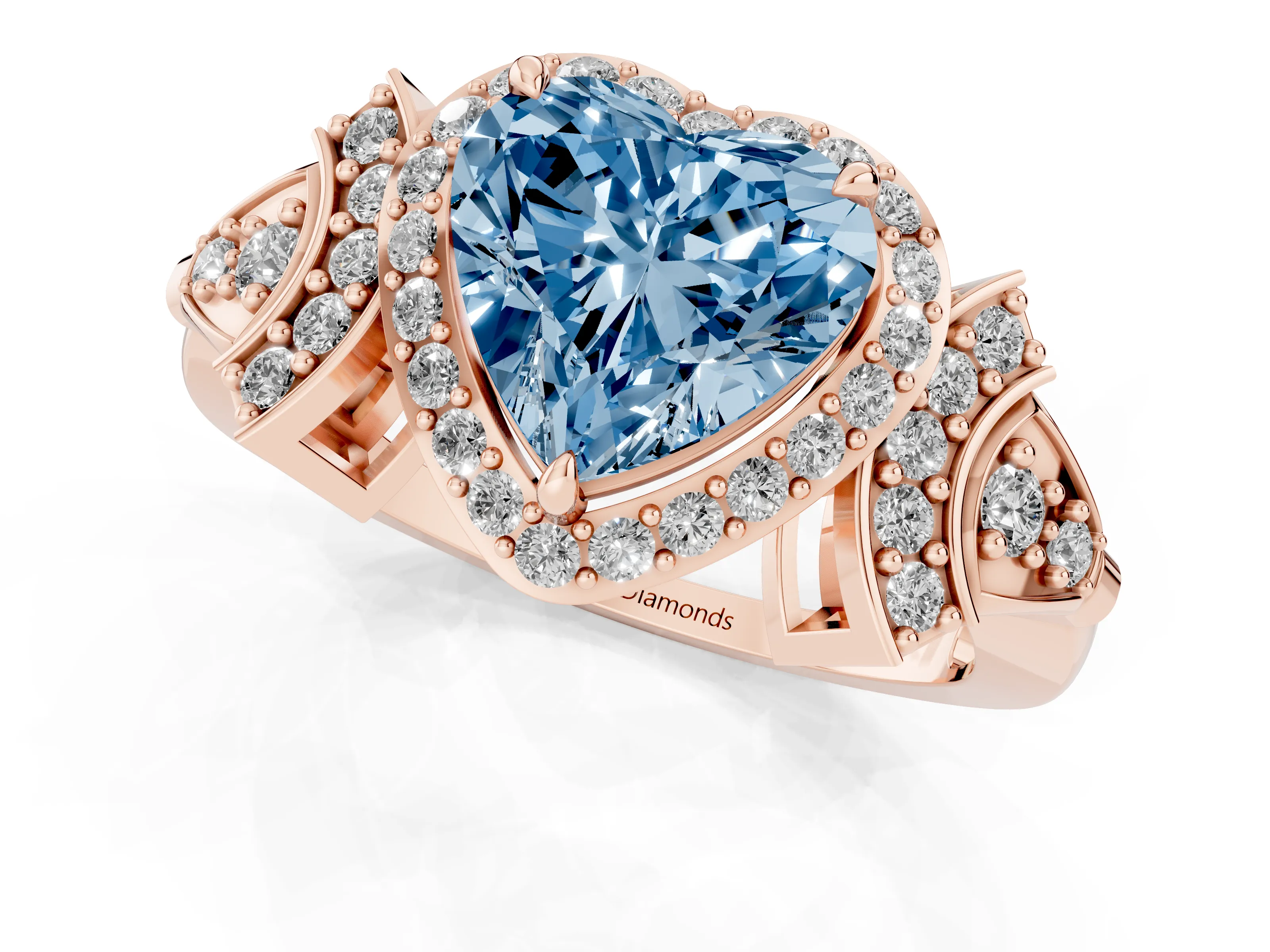 Fancy Blue Heart Cut Diamond Halo Engagement Ring Set in Rose gold with Accent Stone Split Shank