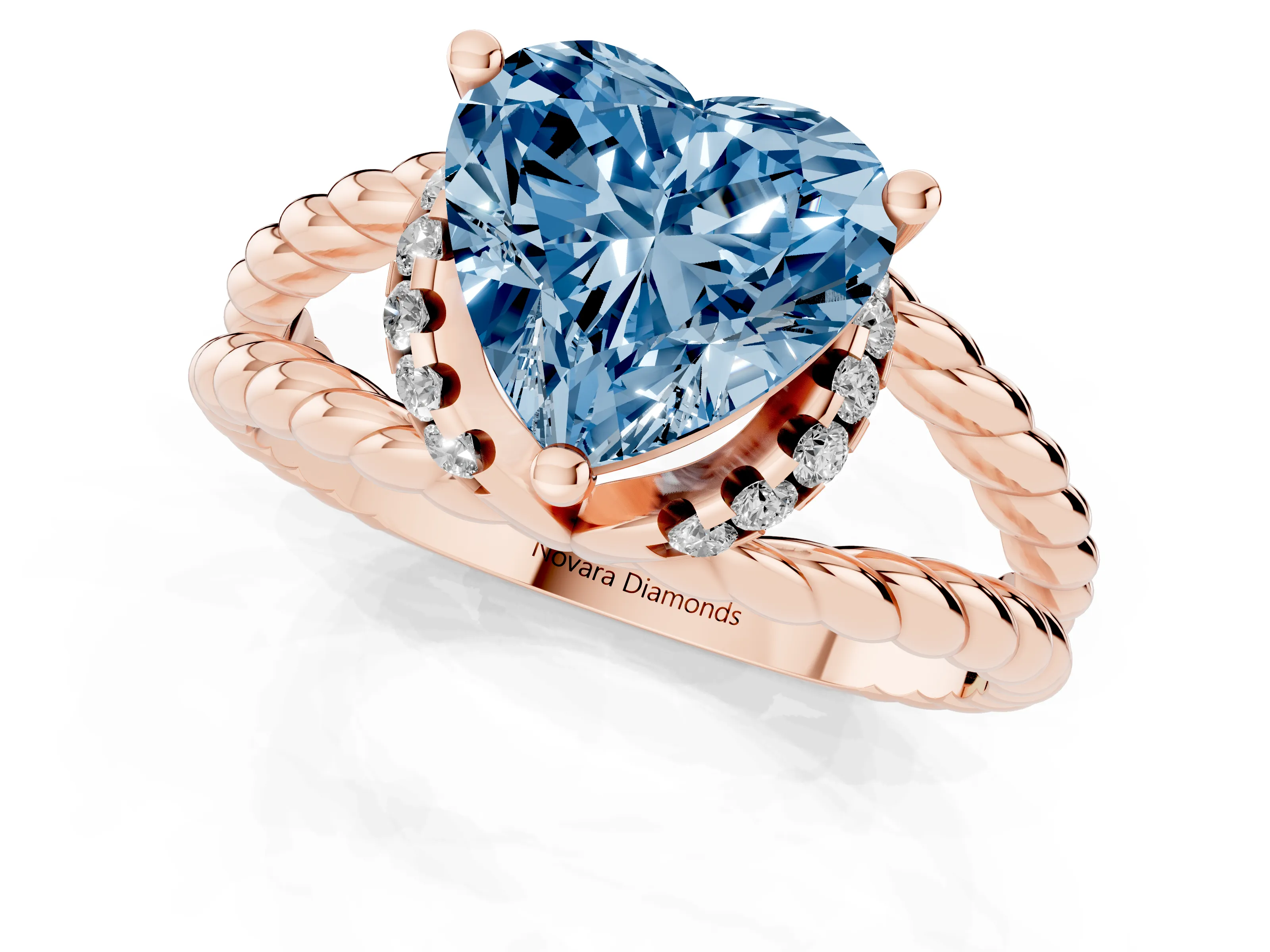 Fancy Blue Heart Cut Diamond Halo Ring Set in Rose gold with Twisted Band and Prong Setting