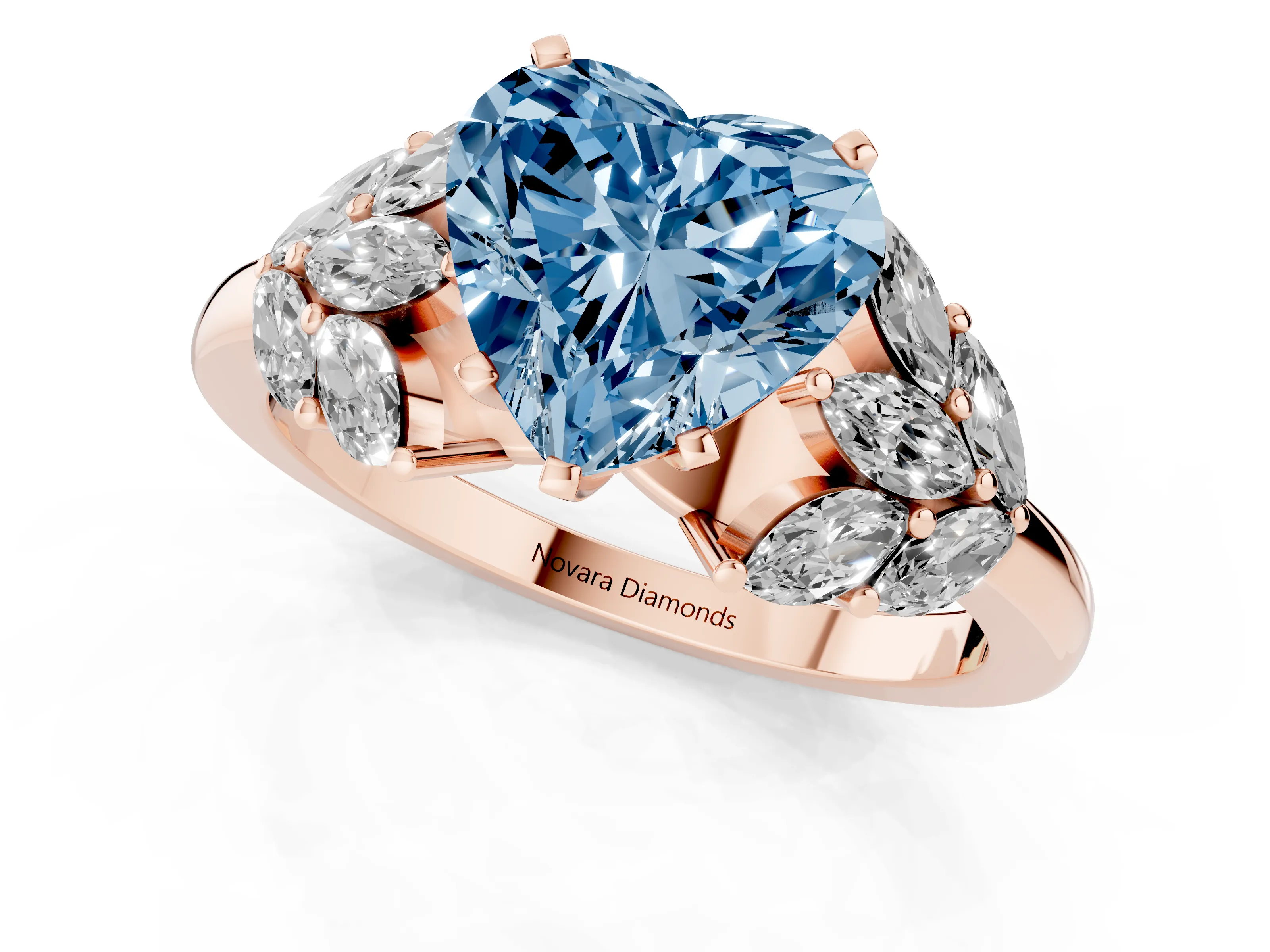 Fancy Blue Heart Cut Diamond Cluster Leaf Design Ring Set in Rose gold with Prong Setting