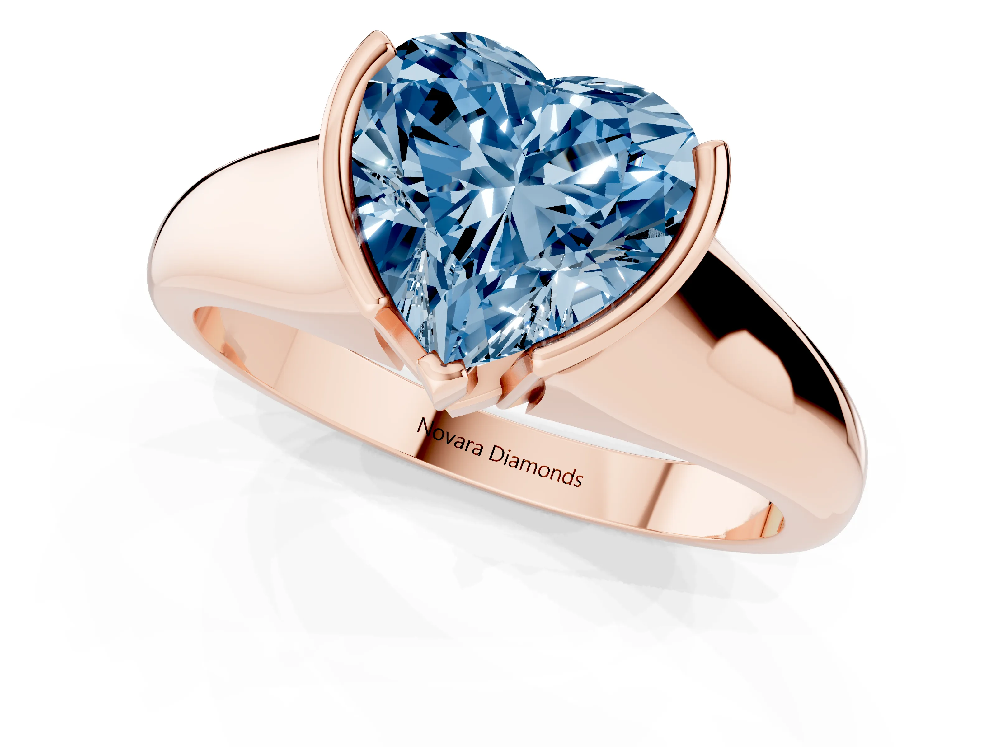 Fancy Blue Heart Cut Diamond Solitaire Tension Set Ring Set in Rose gold with Split Shank Band