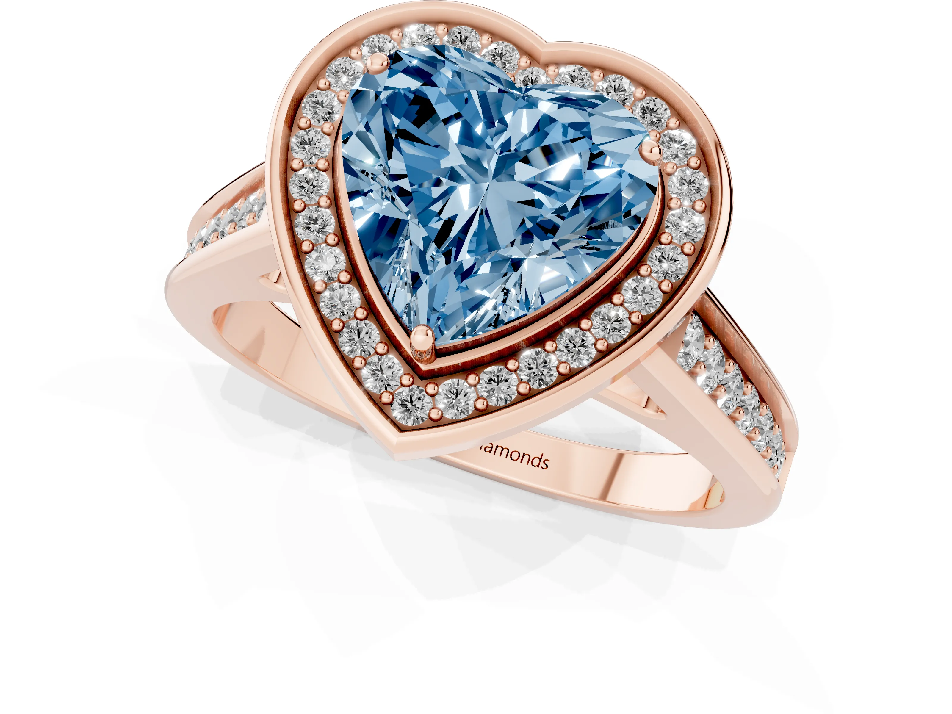 Fancy Blue Heart Cut Diamond Halo Solitaire Ring Set in Rose gold with Pavé Band and Bezel Setting