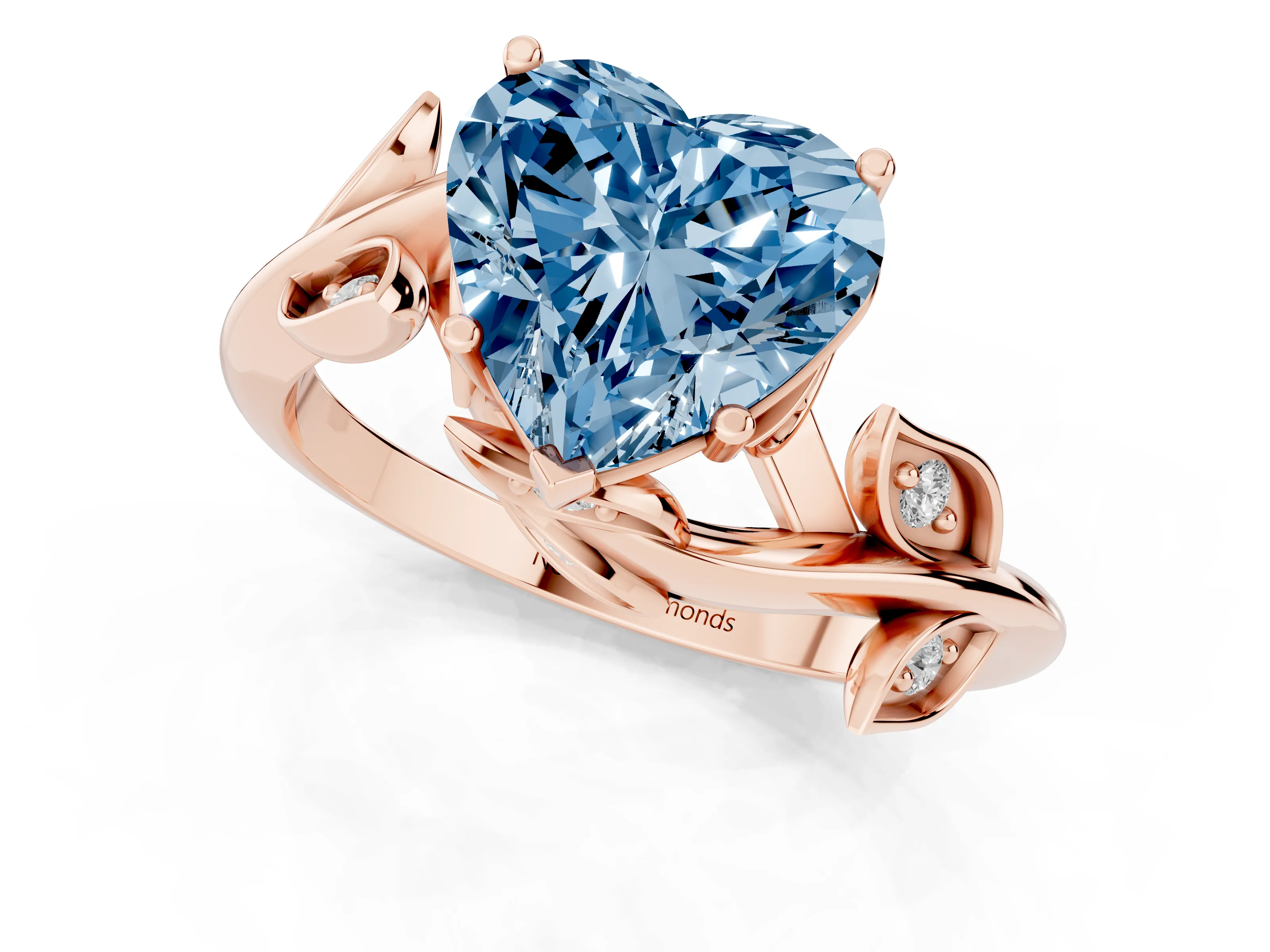 Fancy Blue Heart Cut Diamond Solitaire Twist Engagement Ring Set in Rose gold with Pavé Leaf Accents