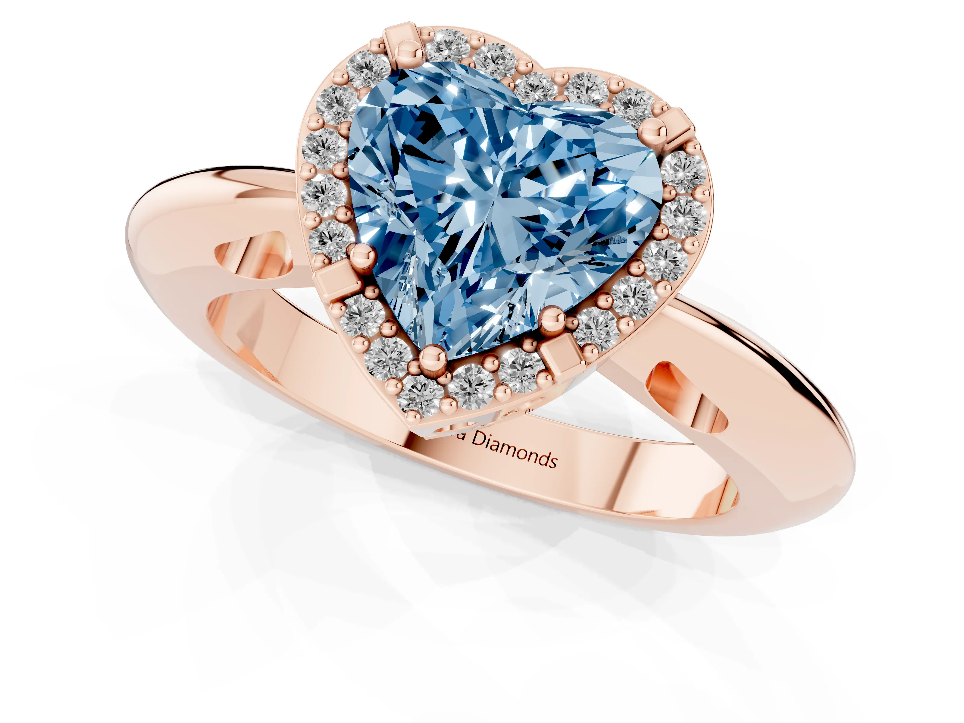 Fancy Blue Heart Cut Diamond Halo Engagement Ring Set in Rose gold with Plain Split Shank and Prong Setting
