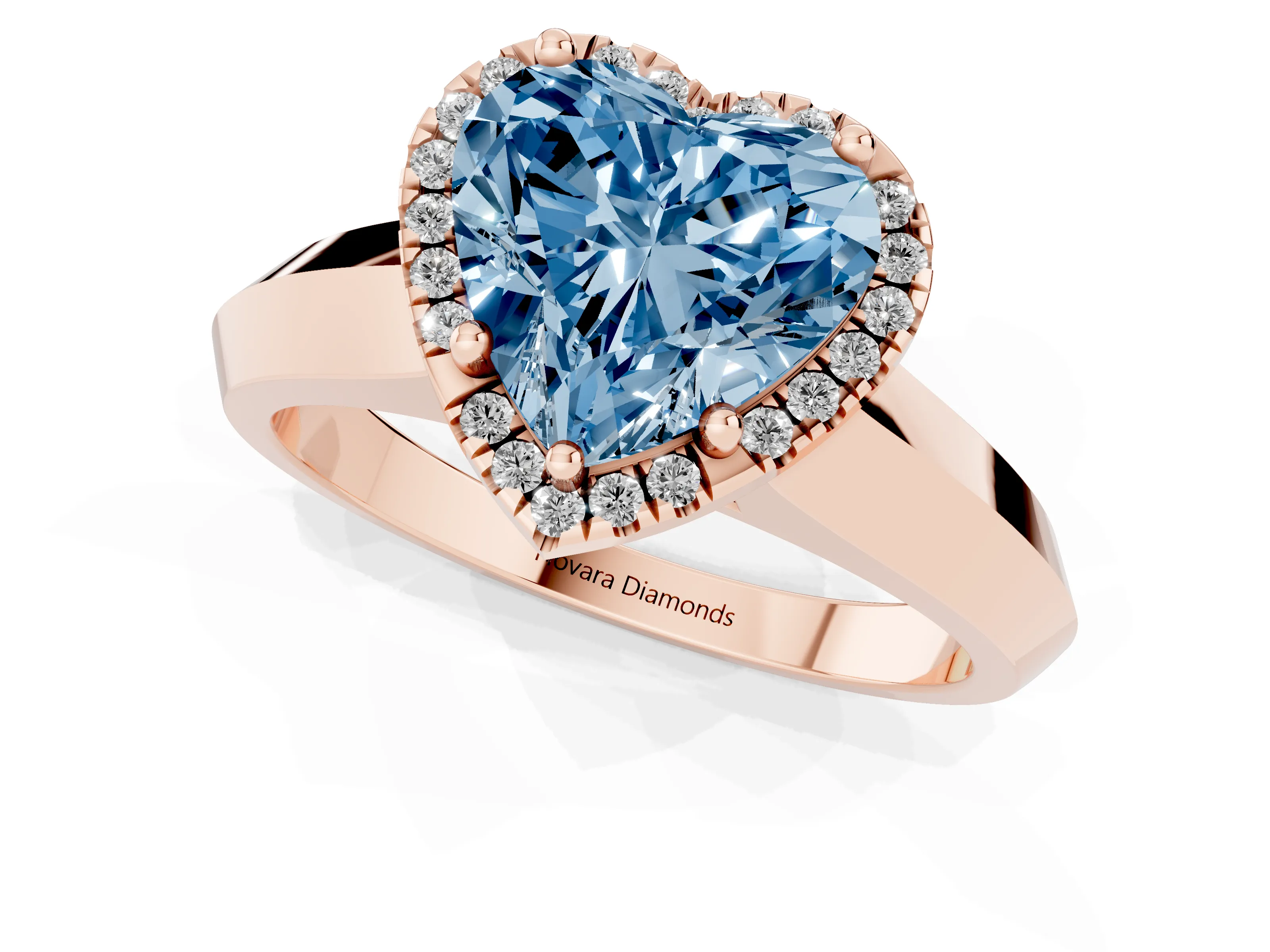 Fancy Blue Heart Cut Diamond Halo Ring Set in Rose gold with Cathedral Band and Prong Setting