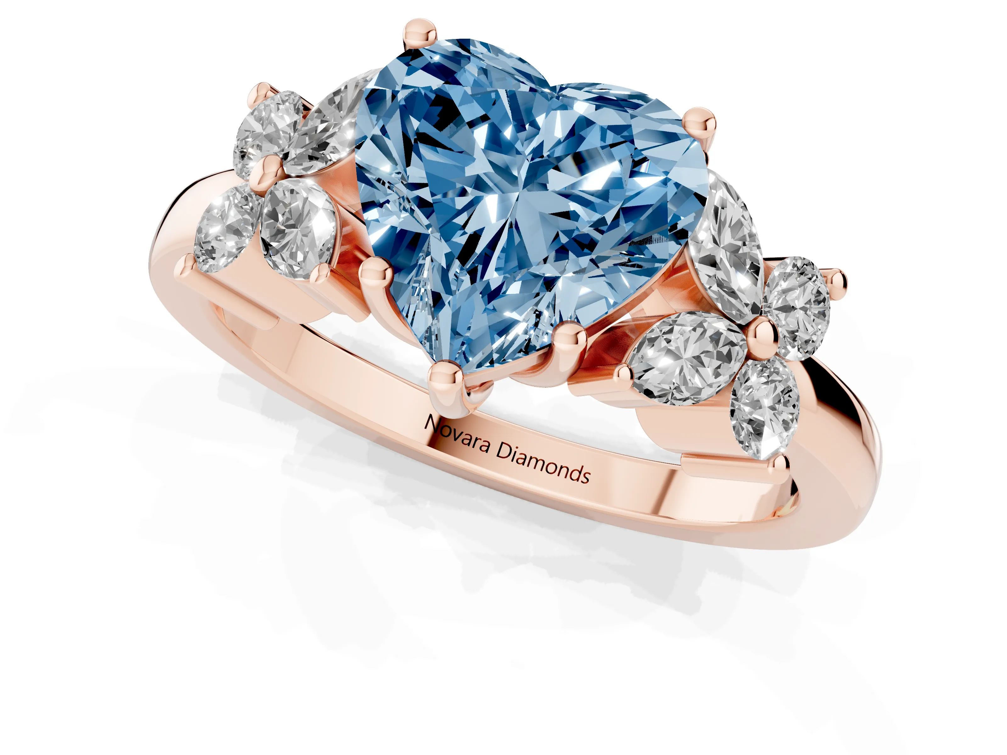 Fancy Blue Heart Cut Diamond Floral Cluster Ring Set in Rose gold with Marquise Petals and Prong Setting