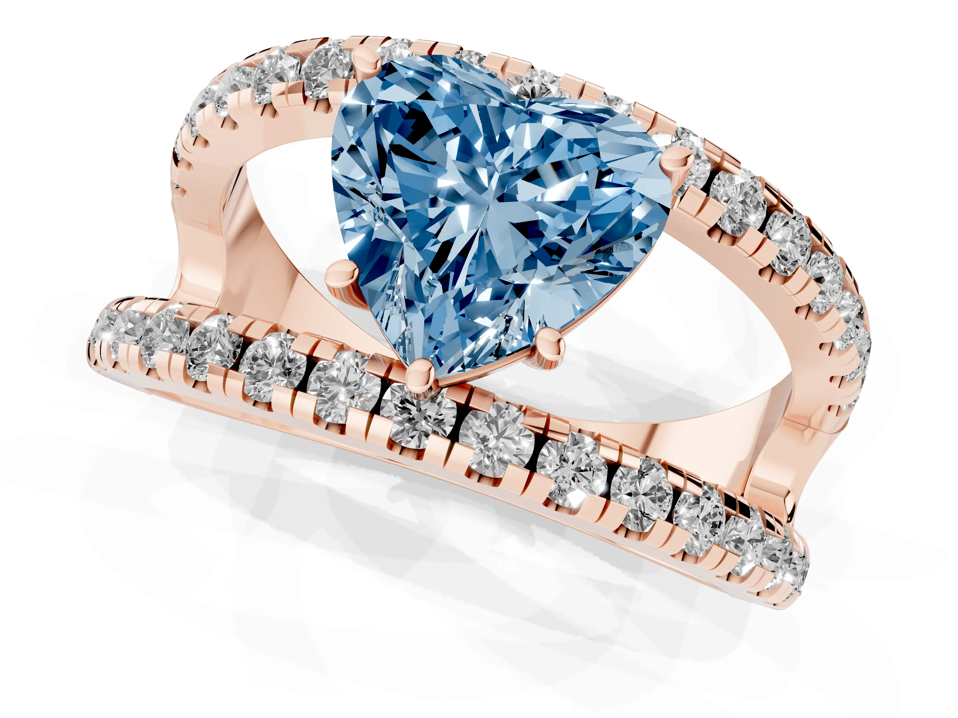 Fancy Blue Heart Cut Diamond Split Shank Pavé Solitaire Ring Set in Rose gold with Open Shank Design