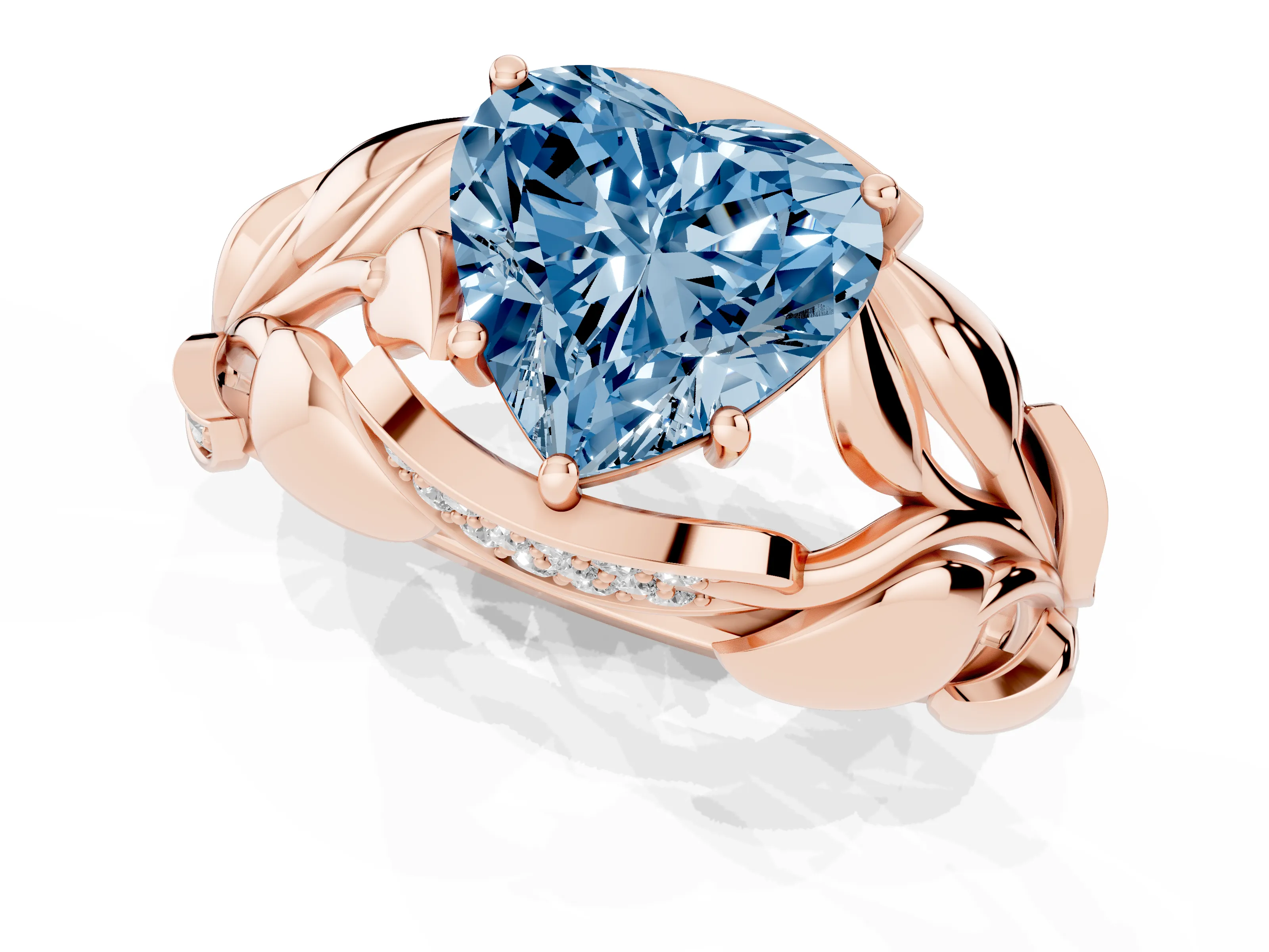 Fancy Blue Heart Cut Diamond Leaf-Inspired Engagement Ring Set in Rose gold with Round Accents