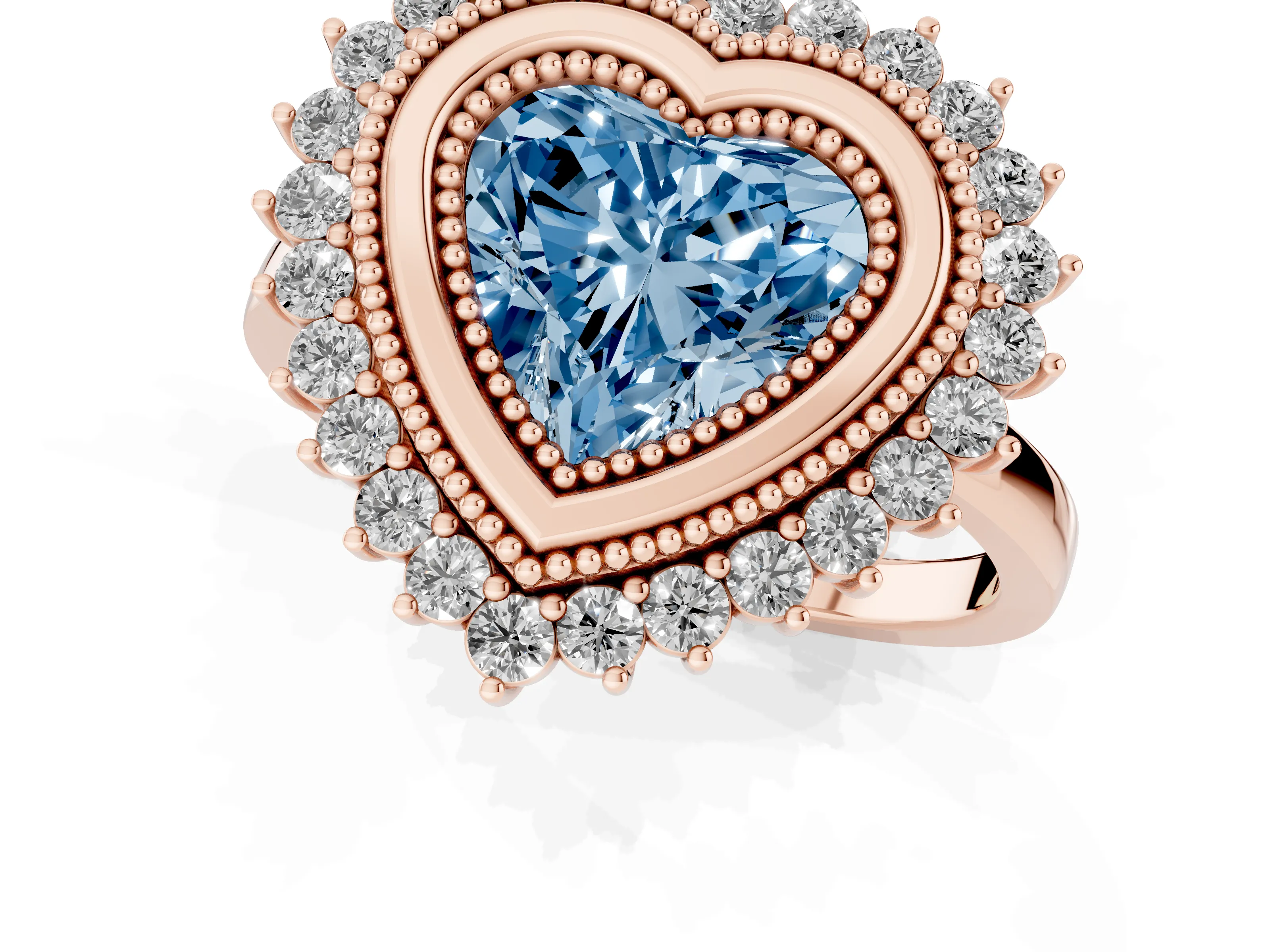 Fancy Blue Heart Cut Diamond Halo Ring Set in Rose gold with Milgrain Edge and Round Prong Setting