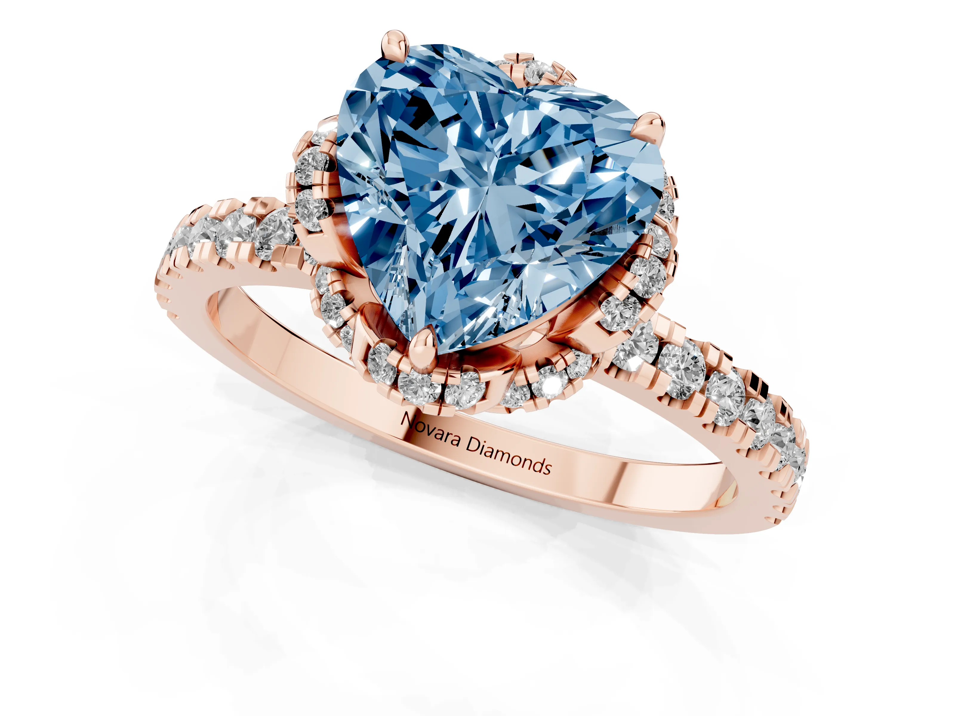 Fancy Blue Heart Cut Diamond Halo Pavé Band Ring Set in Rose gold with Prong-Held Center