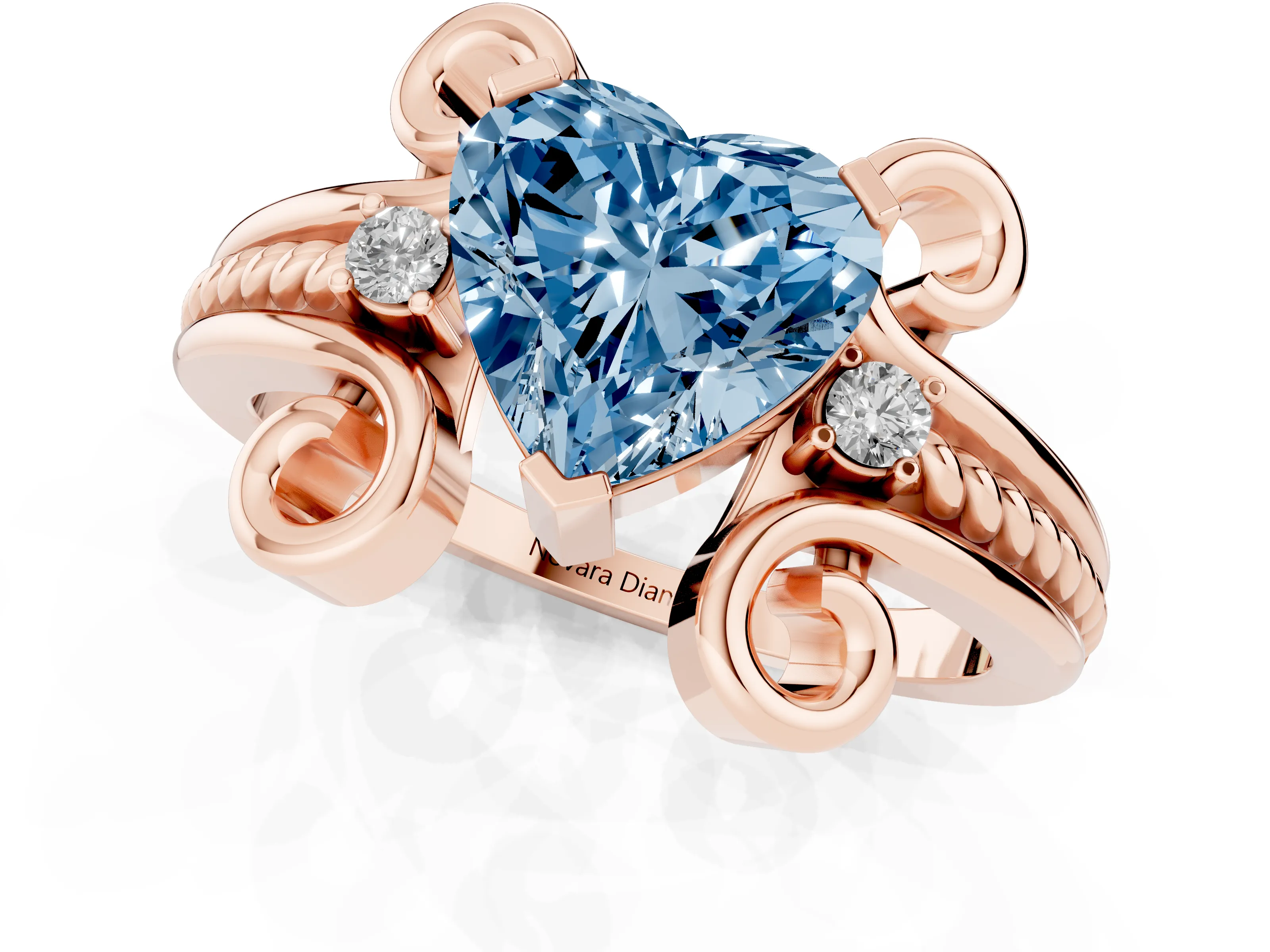 Fancy Blue Heart Cut Diamond Twisted Band Solitaire Ring Set in Rose gold with Scroll Prongs