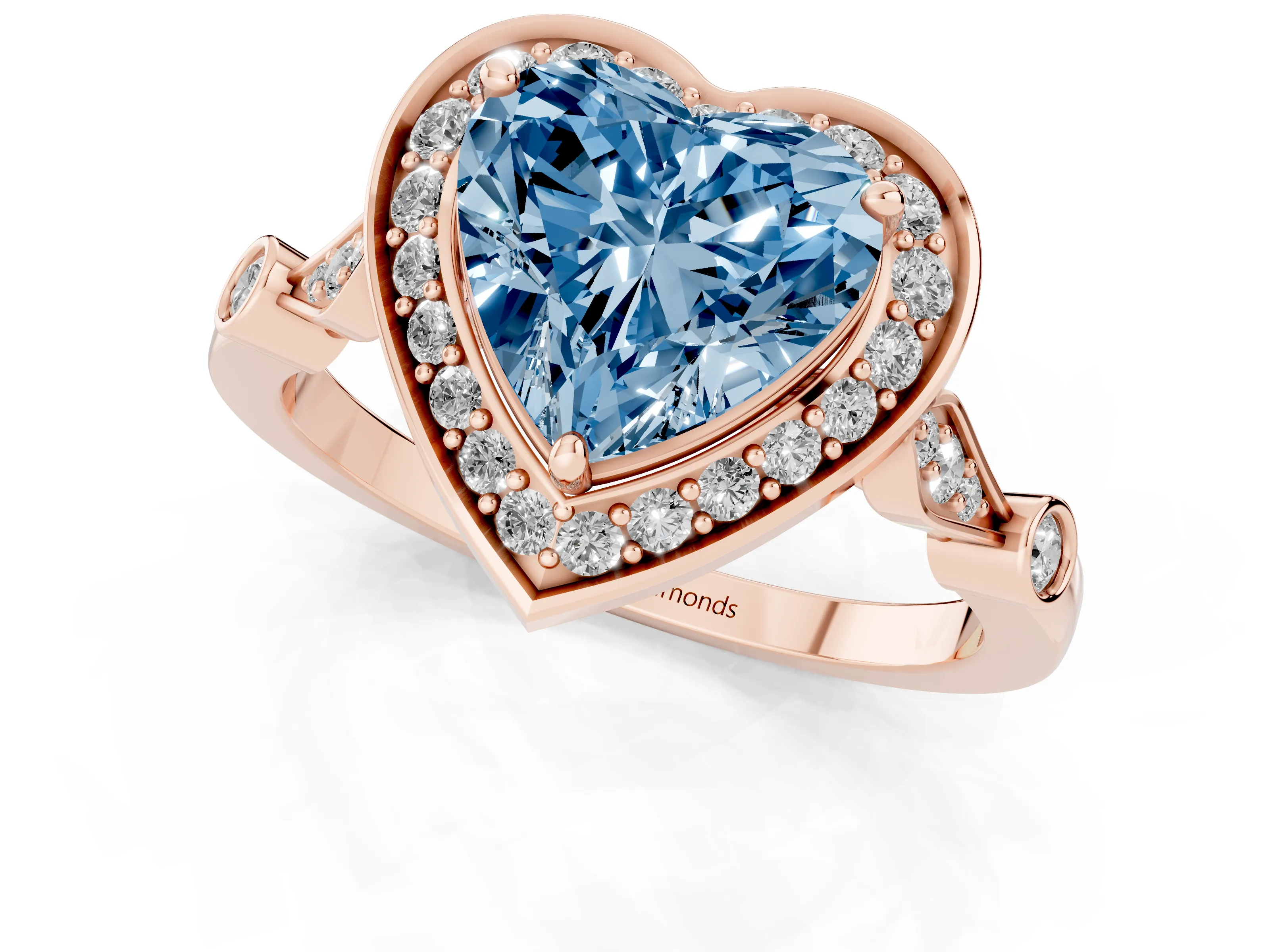 Fancy Blue Heart Cut Diamond Halo Engagement Ring Set in Rose gold with Twisted Band and Prong Setting