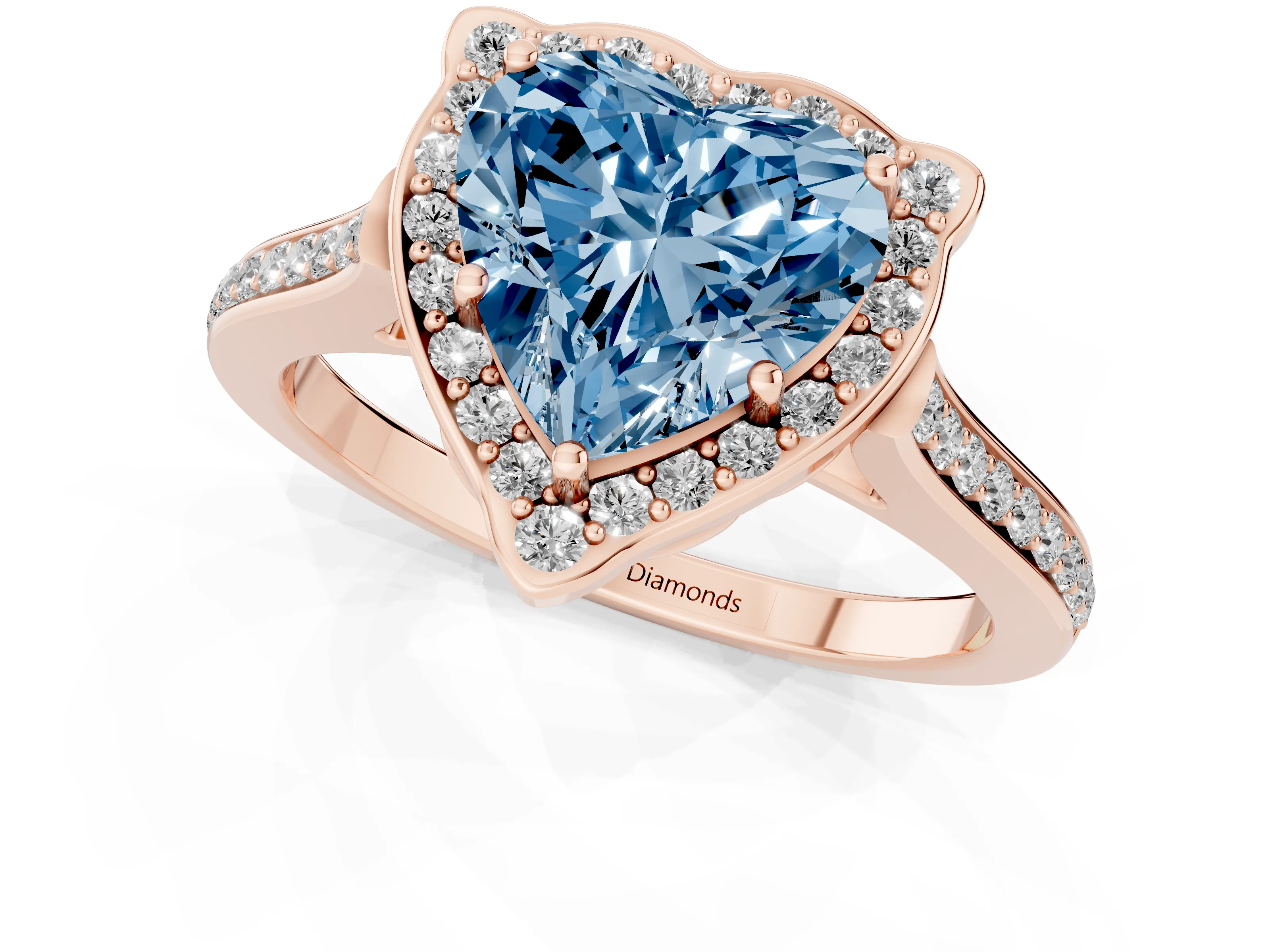 Fancy Blue Heart Cut Diamond Halo Ring Set in Rose gold with Pavé-Lined Shoulders and Prong Setting