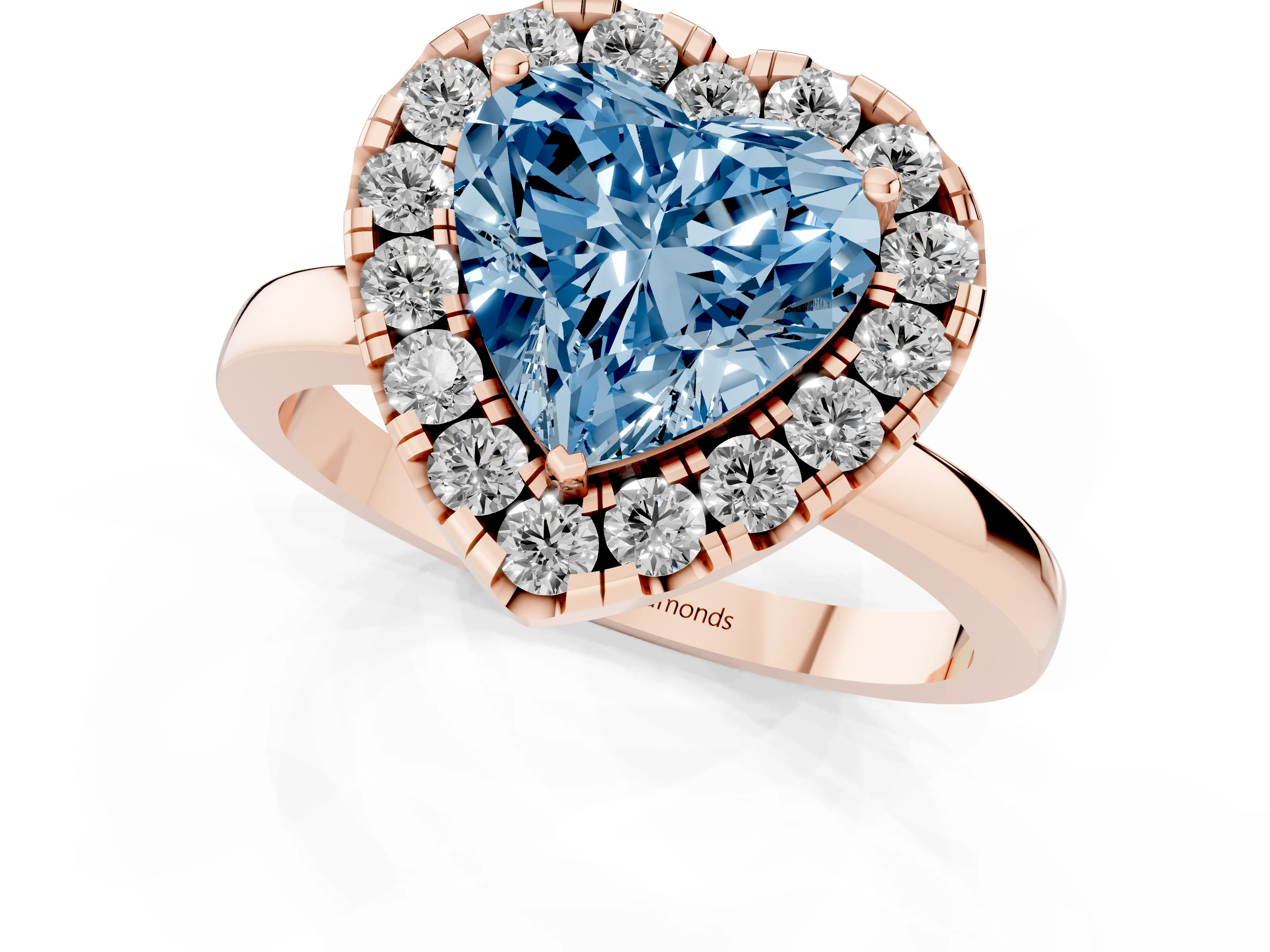Fancy Blue Heart Cut Diamond Halo Solitaire Ring Set in Rose gold with Pavé Band and Prong Setting
