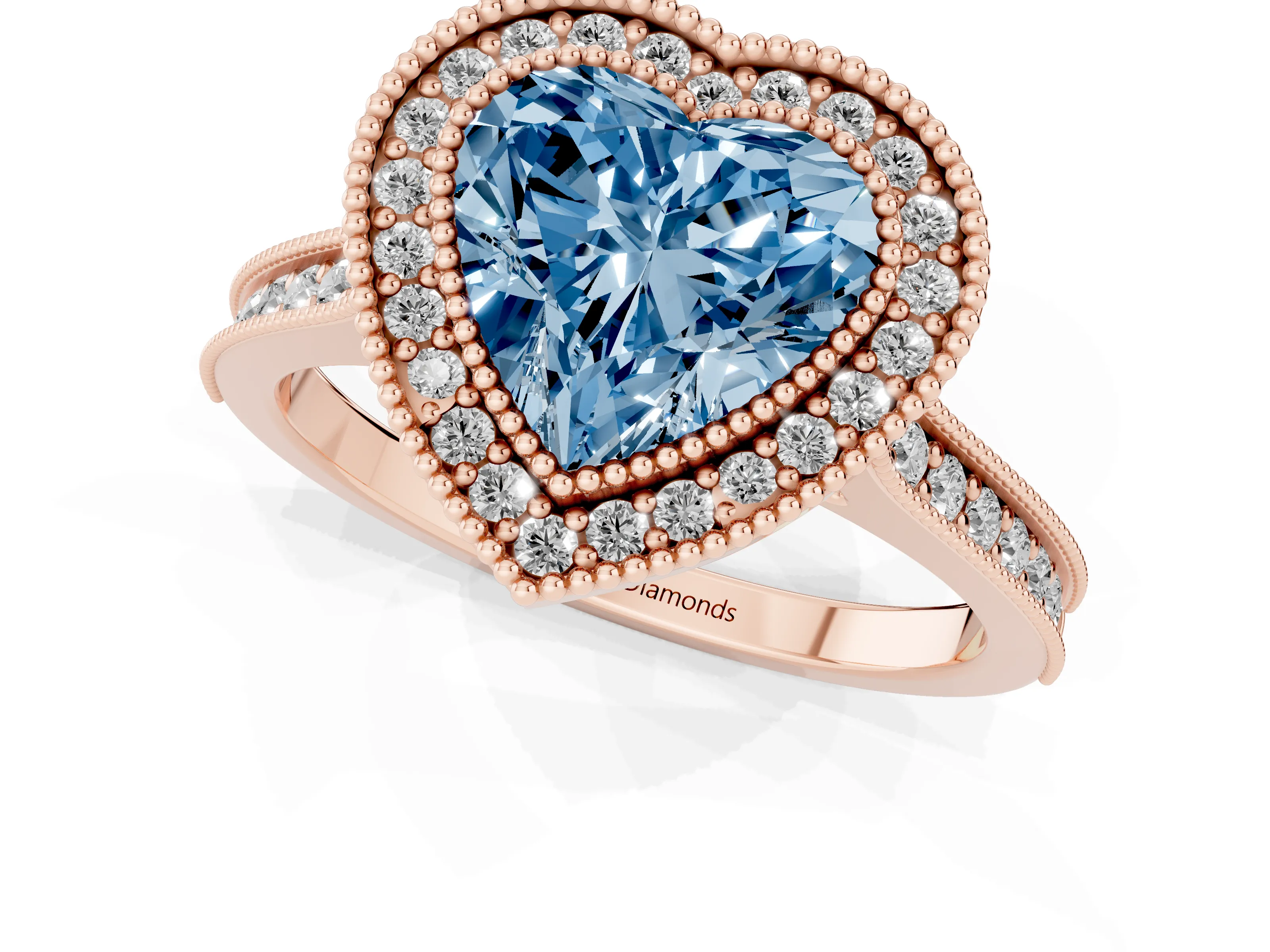 Fancy Blue Heart Cut Diamond Halo Milgrain Pavé Band Ring Set in Rose gold with Prong Setting