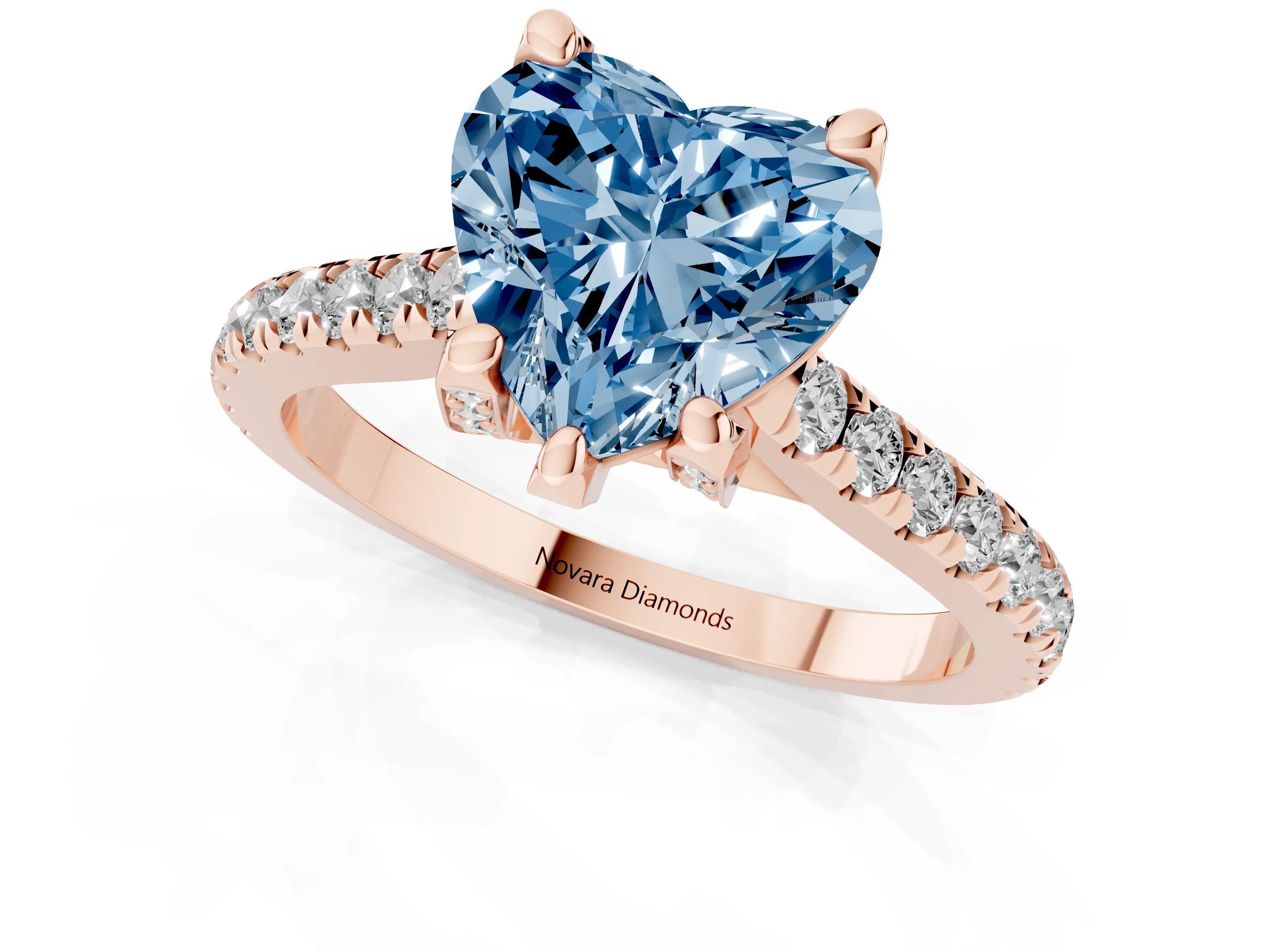 Fancy Blue Heart Cut Diamond Solitaire Ring Set in Rose gold with Brilliant Pavé Band and Prong Setting
